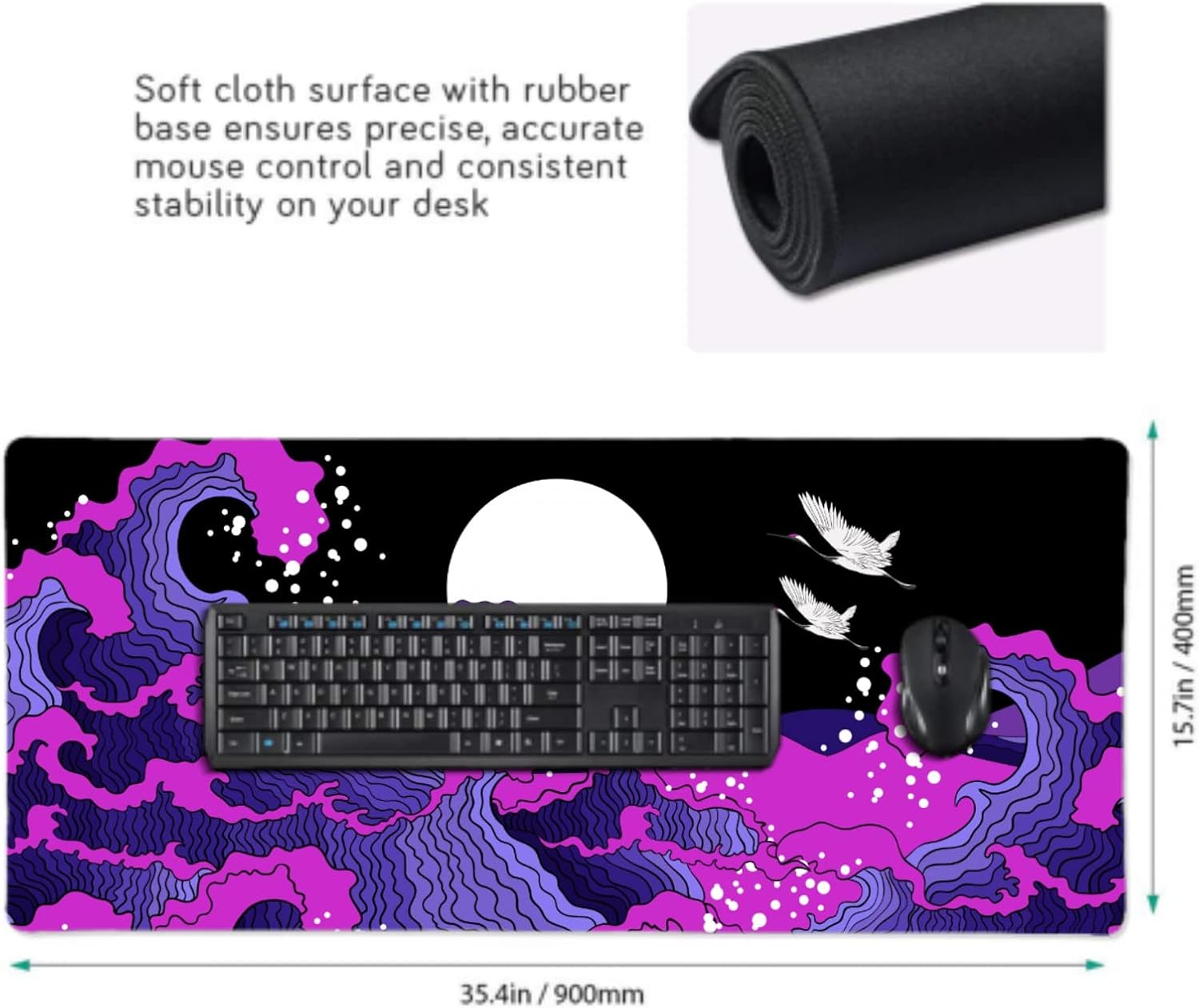 Japanese Balck Blue Purple Wave Gaming Mouse Pad 35.4 X 15.7 Inch XXL Cool Style Art Design Full Des Mousepad Extended Large Non-Slip Rubber Base Keyboard Mat with Stitched Edges for Home Office