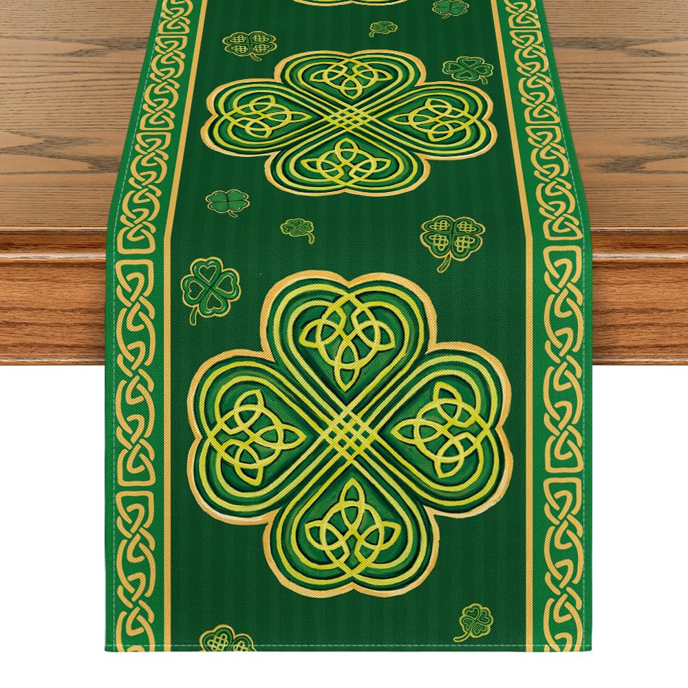 Artoid ModeGreen Stripes Shamrocks St.Patrick's Day Table Runner, Seasonal Spring Kitchen Dining Table Runner for Home Party Decor 13x72 Inch
