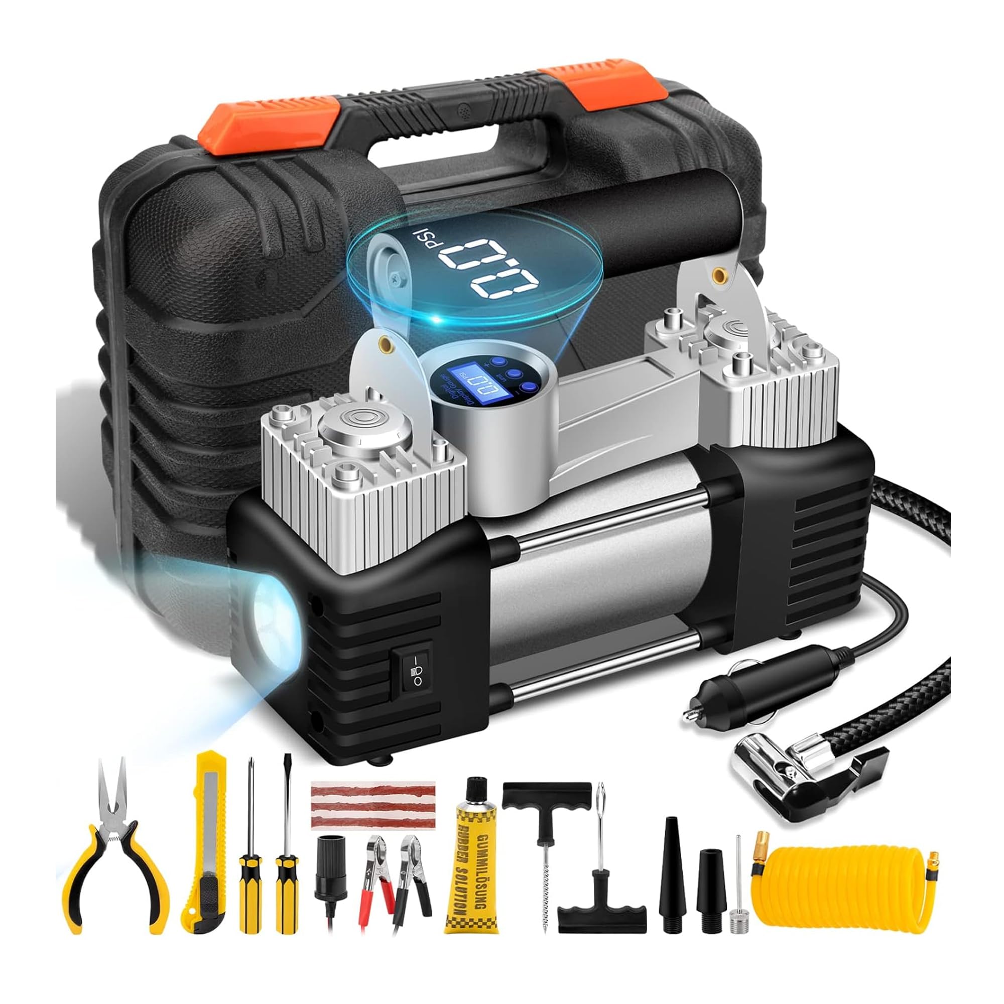 Sulfar Air Compressor car 4x4 Dual Cylinder Heavy Duty Tire Inflator with LED Light,150 PSI portable tyre pump with Tire Repair Kit & Carry Case,12V Air Pump for Auto,SUV,Truck tires,etc