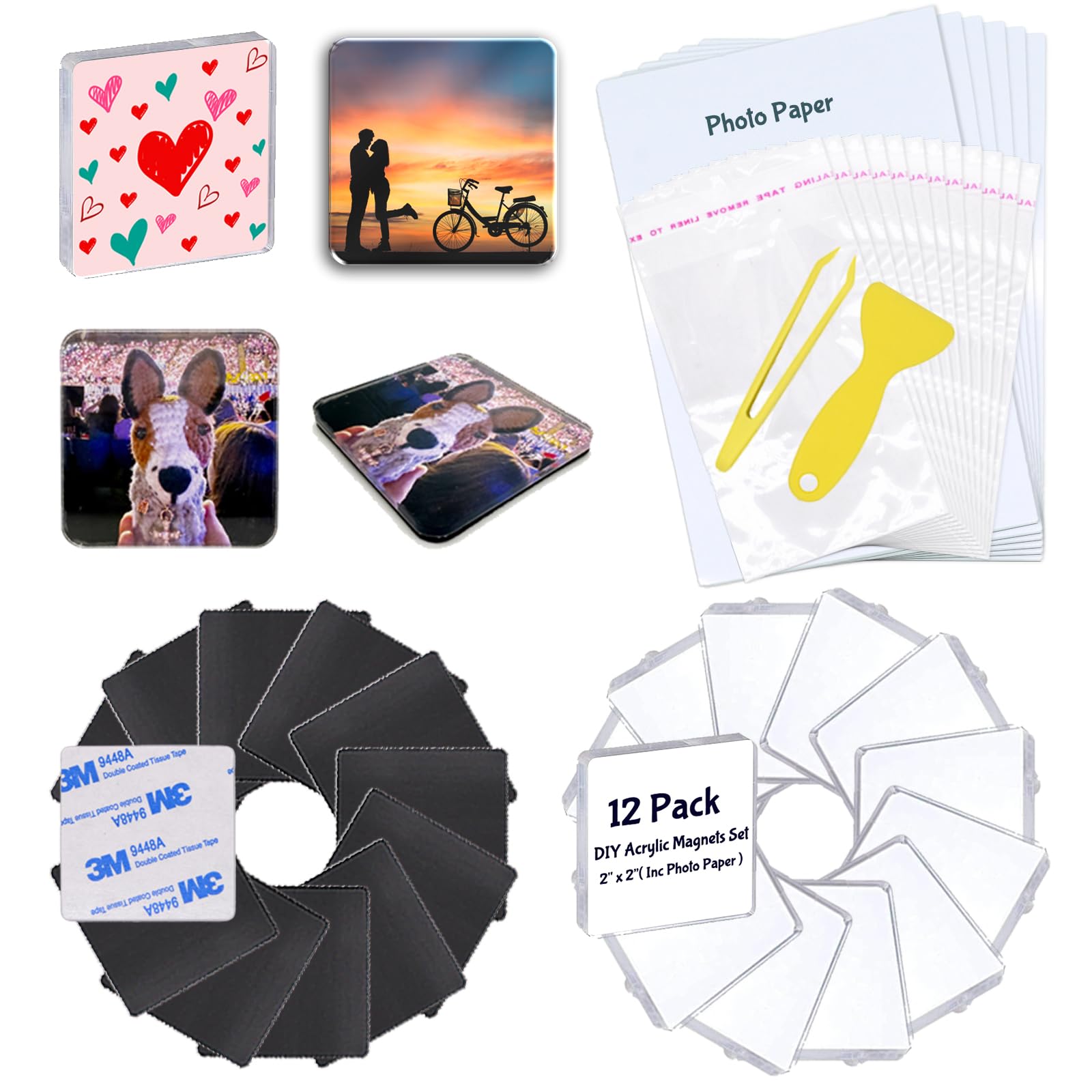 InfiniteSub - 12PK Blank Acrylic Fridge Magnets Set,2" x 2",Inc Photo Paper