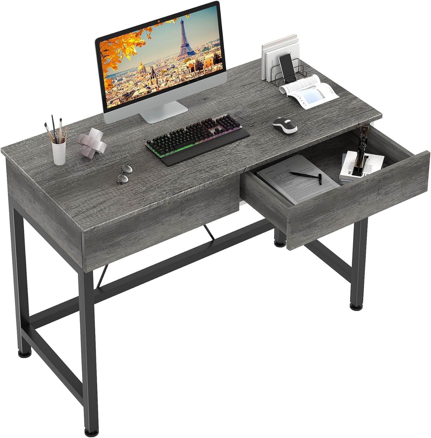 CAIYUN Computer Desk with Drawers, 39.4” Desks for Home Office with Storage, Small Computer Gaming Desk for Small Spaces, Desk Table for Office, Work, Kids Study, Student, Grey Oak