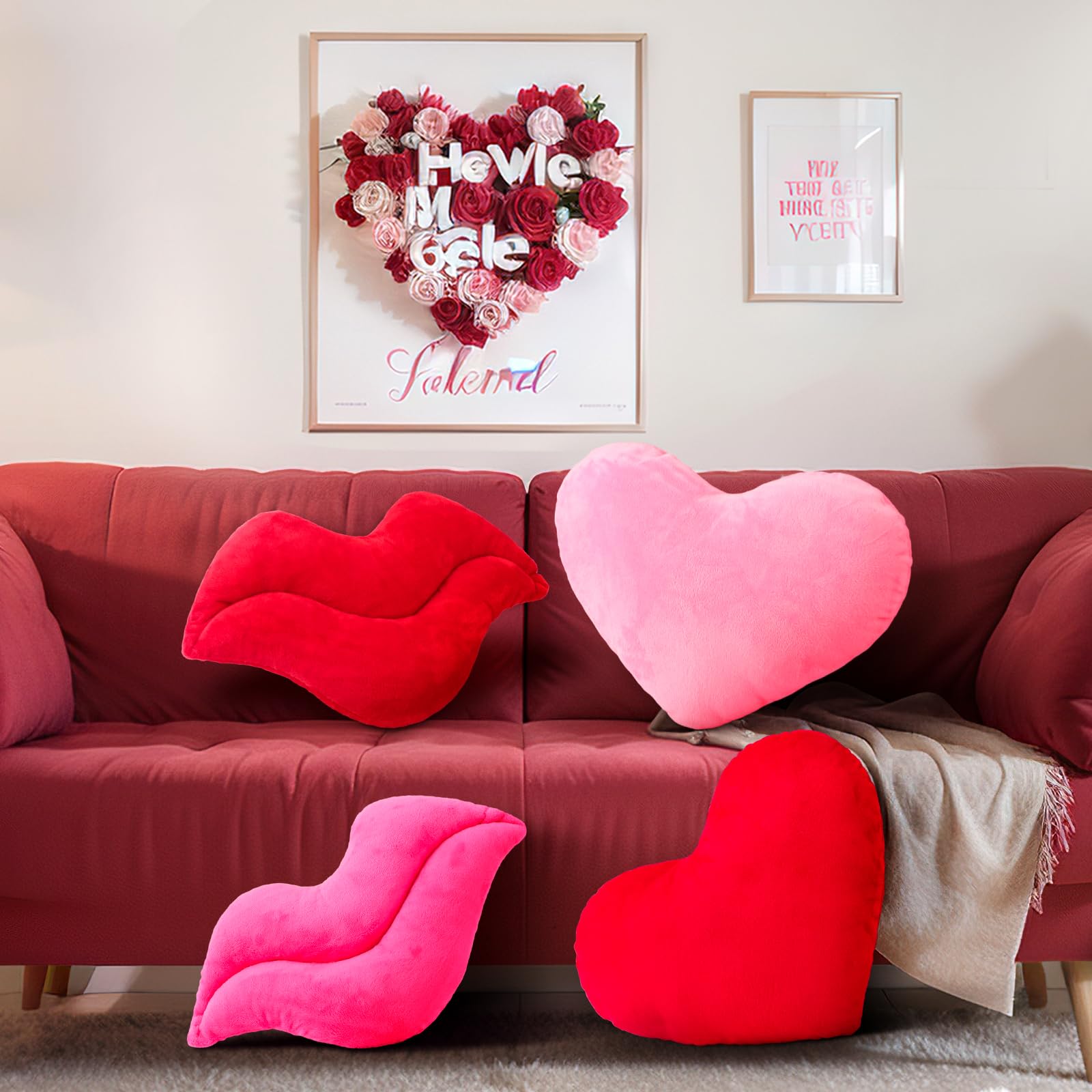 Beeveer Valentine's Day Heart Pillows Soft Cute Heart Shaped Decorative Throw Pillows Red Pink Fluffy Pillow Aesthetic Coquette Room Decor for Gift Bed Sofa Couch Decor(Heart and Lip, 4 Pcs)