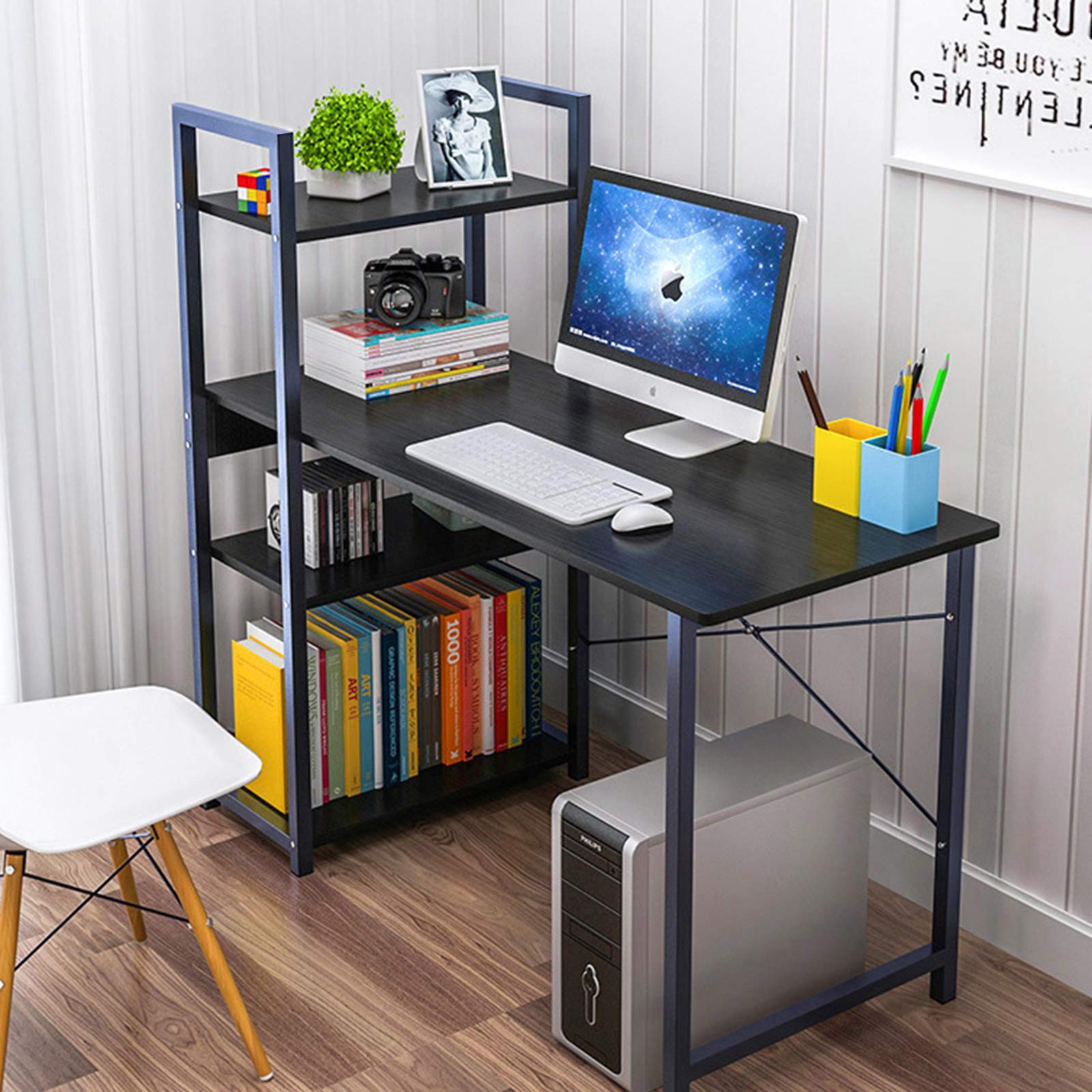 110cm Computer Desk with Storage Shelves, Black Willow PC Desk for Bedroom