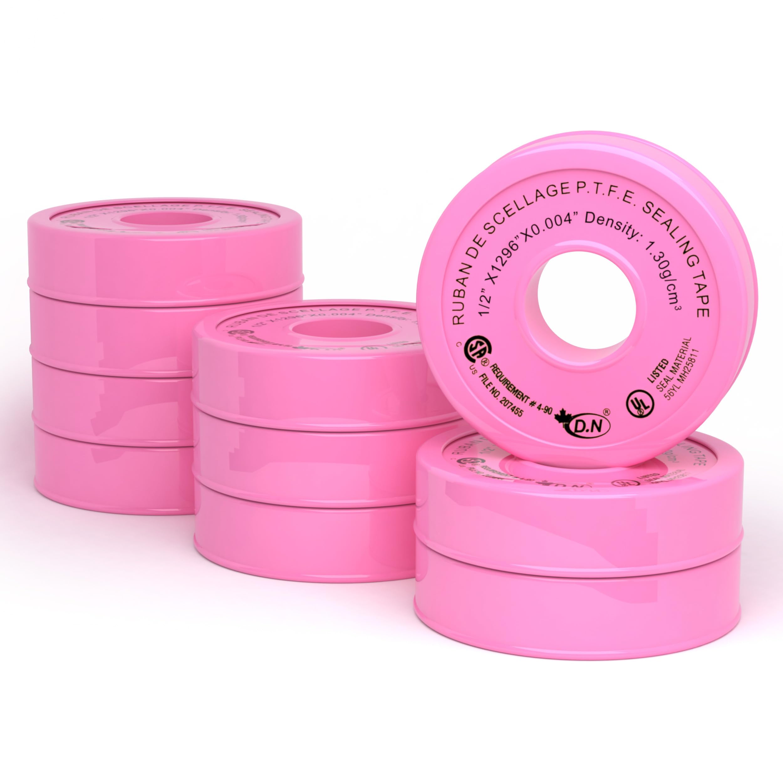10 Rolls 1296" (Four Times Longer) Pink Plumbers Teflon Tape, Gas Line Pipe Thread Tape, High Density (1.3 g/cm3) Propane Sealant Tape (1/2" x 1296")