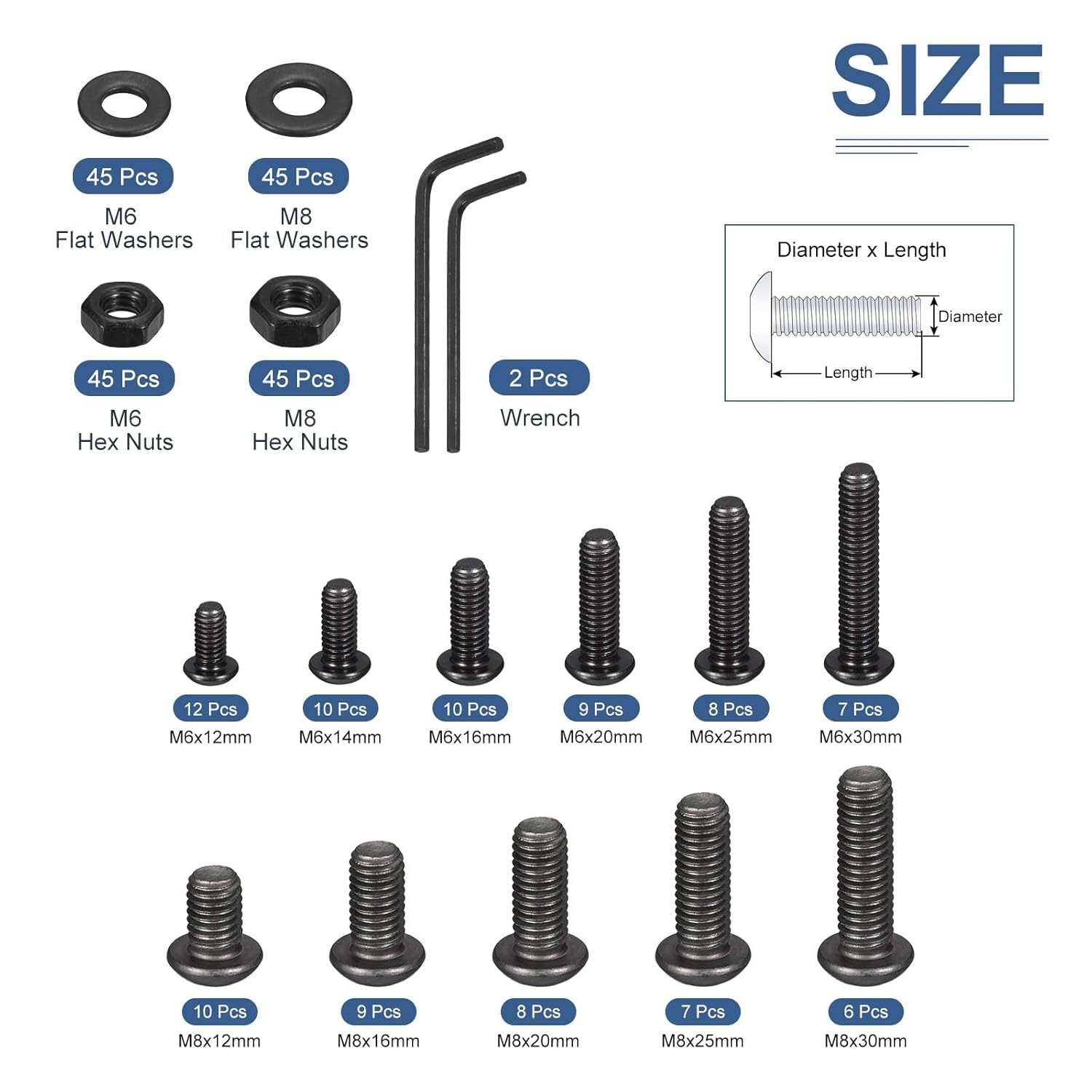 DTGN 288Pcs M6 M8 Button Head Socket Cap Screws - Carbon Steel Full Thread Bolt Nut Set Washer Assortment Kit & Wrench - Good for Machine Furniture