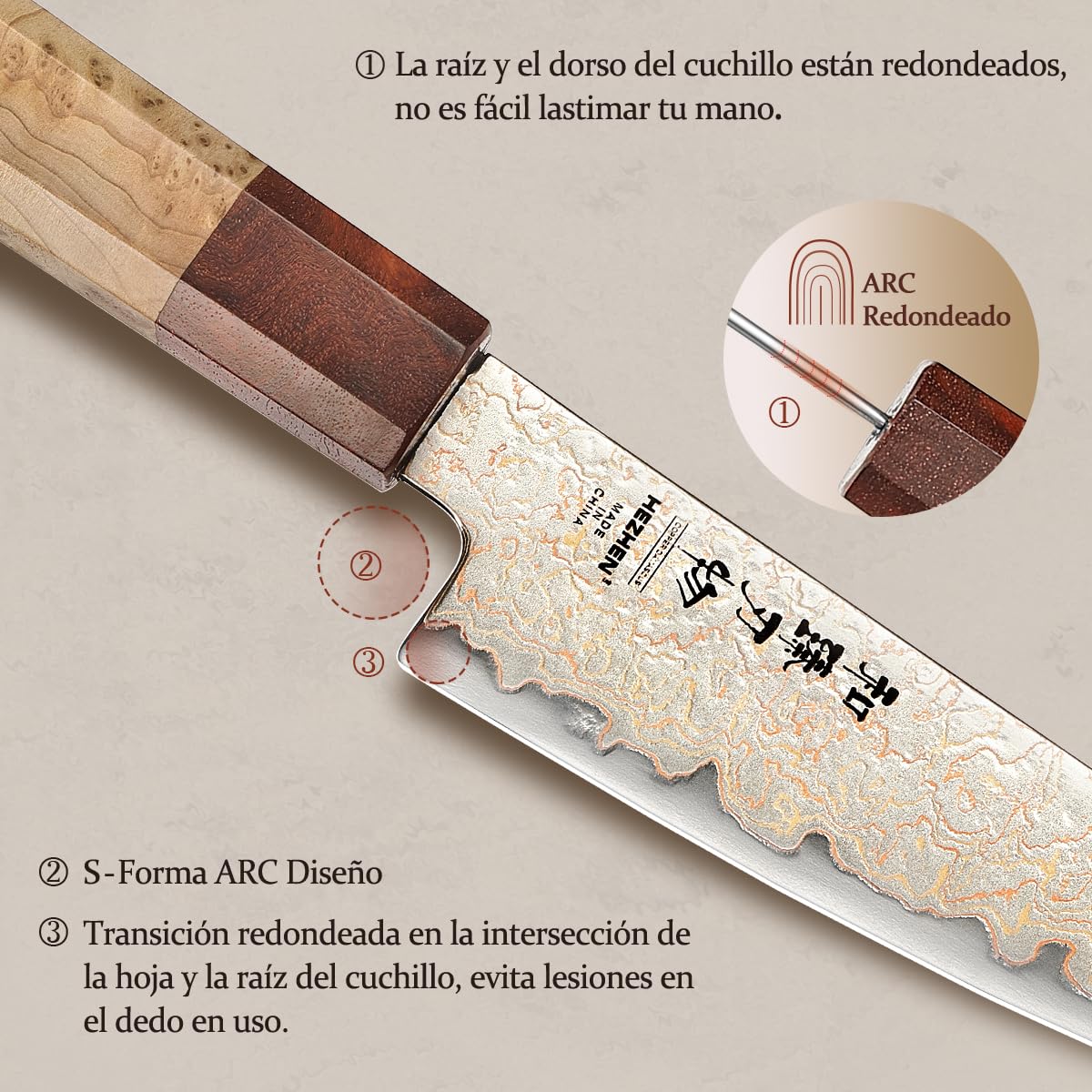 HEZHEN Damasco Cuchillos Universales, Cuchillos Cocina Damasco de Cobre, Cuchillo de Fruta para Pelarr con Caja de Madera, Mango de Octogonal