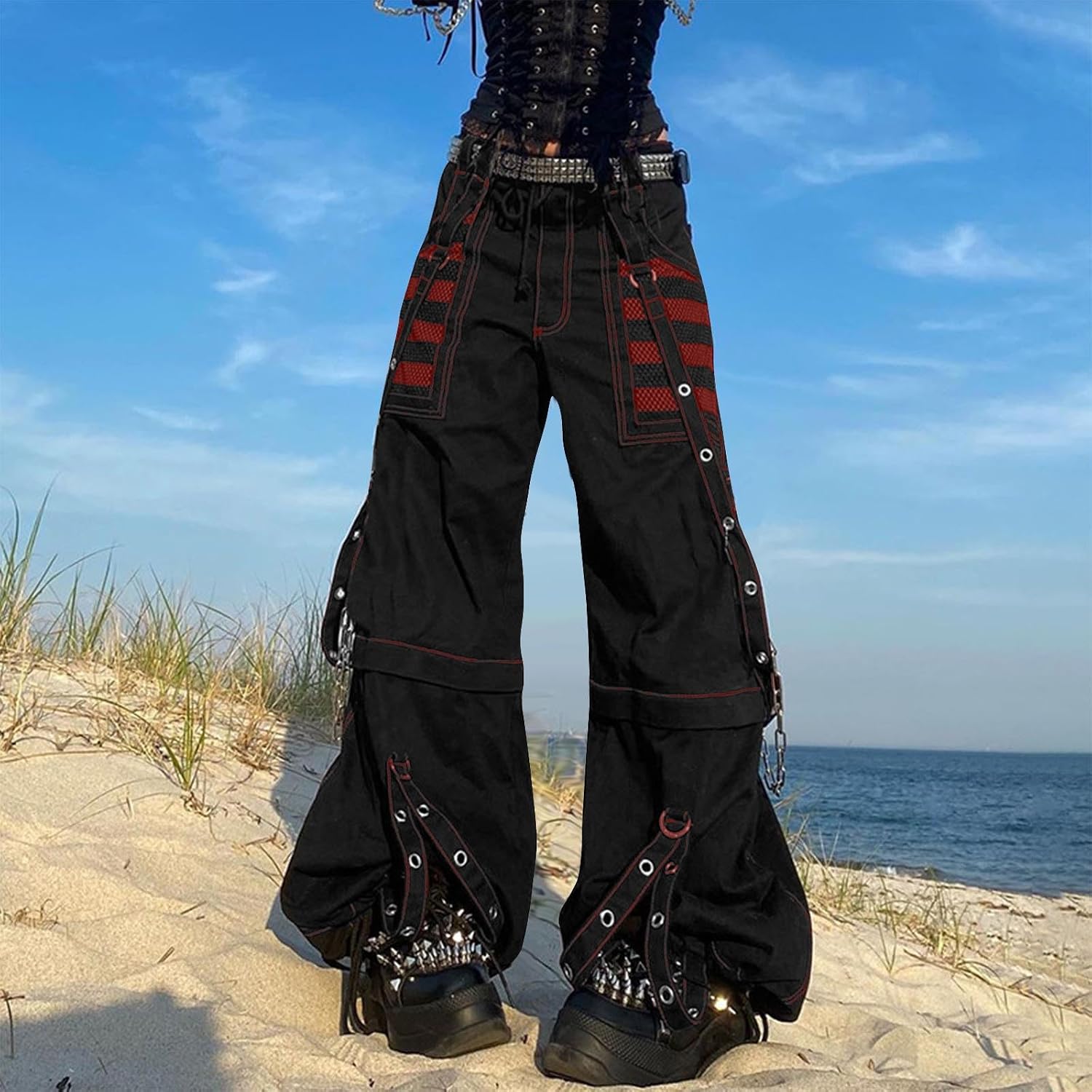 Women Vintage Hip Hop Jeans Punk High Waisted Baggy Bootcut Pants Chain Wide Leg Patchwork Loose Fashion Pants