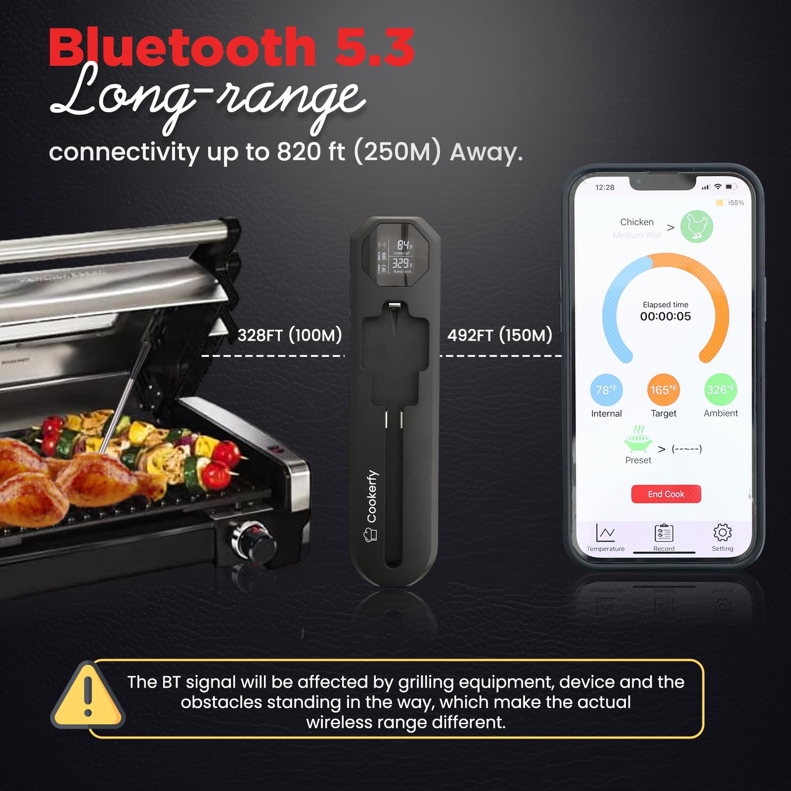 Termometro wireless Bluetooth intelligente per grigliare e affumicare, sonda di temperatura wireless in acciaio inox controllata da app digitale, portata 250 m, impermeabile, lavabile in