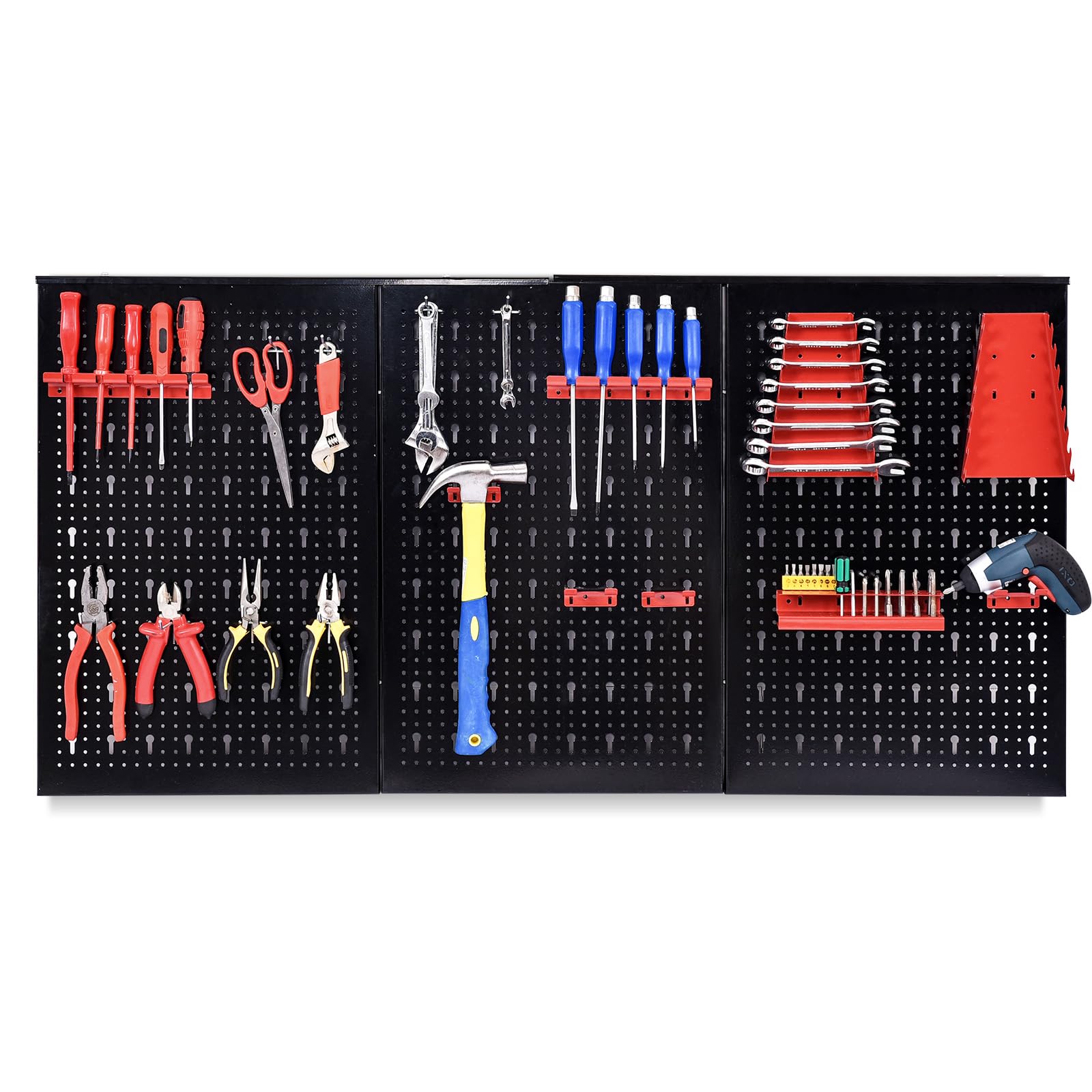 SOARS Pannello Porta Attrezzi da Parete 120 X 60 CM, 3 Pannelli Perforati in Metallo con kit di 20 Ganci, Stabile e Resistente, per Garage, Officina (Nero+Rosso C, 120 X 60 X 2 CM)