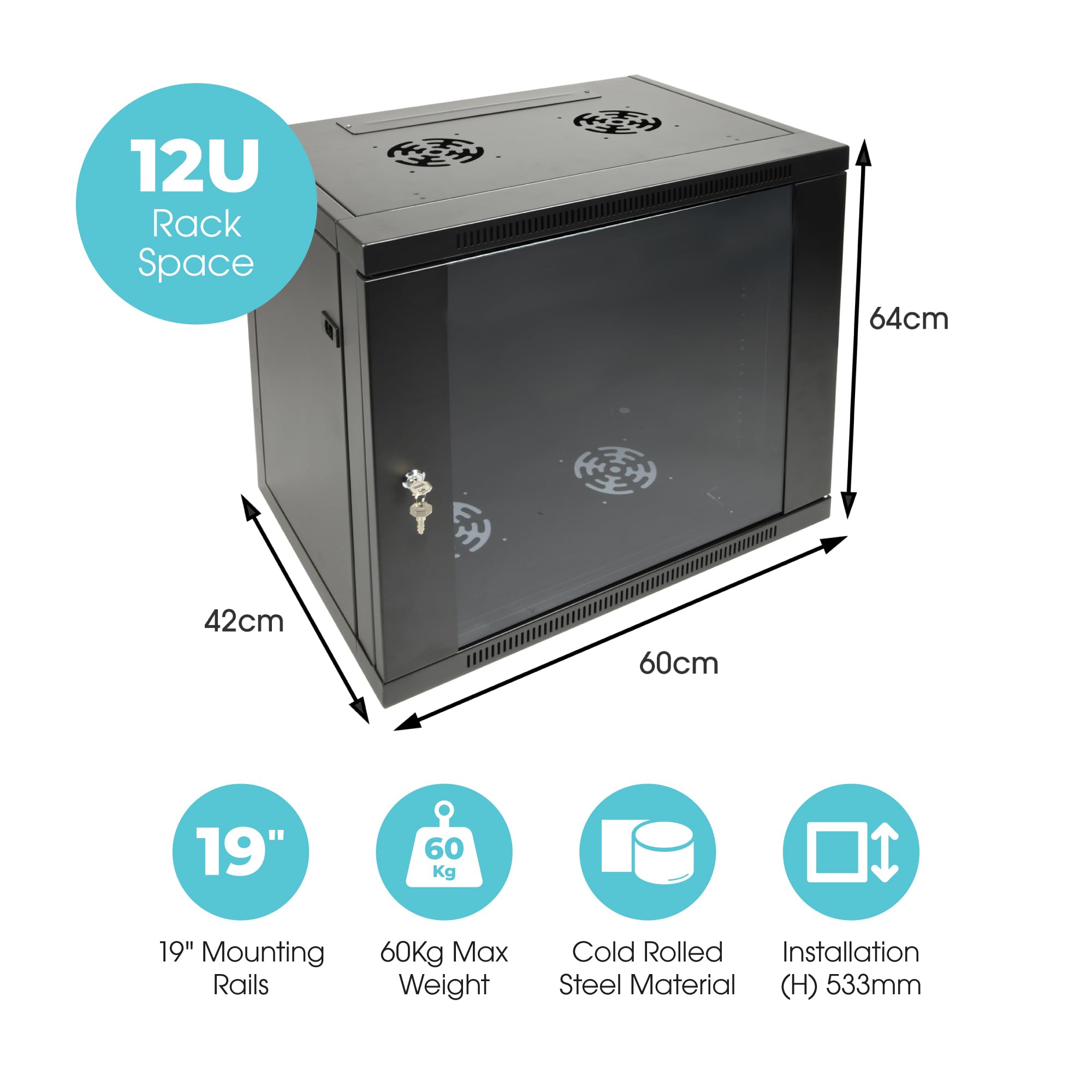 Labgear Armadio per server 12U, profondità 420 mm, con porta in vetro di chiusura, pannelli in acciaio ventilato per apparecchiature IT da 19", dispositivi AV senza attrezzi, montaggio piatto