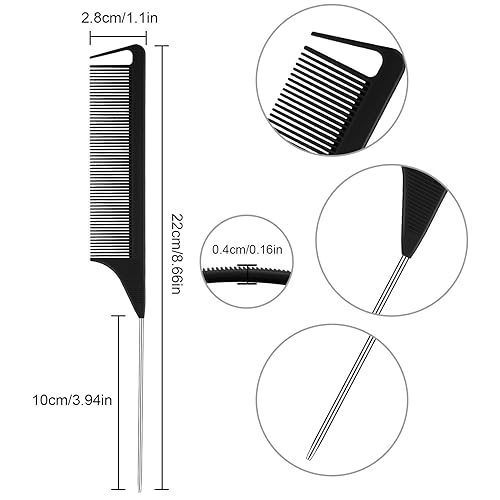 Miniatura 2 de Patelai Peine de separación para trenzas de acero, cola de rata, fibra de carbono, resistente al calor, con cola de acero inoxidable (negro,