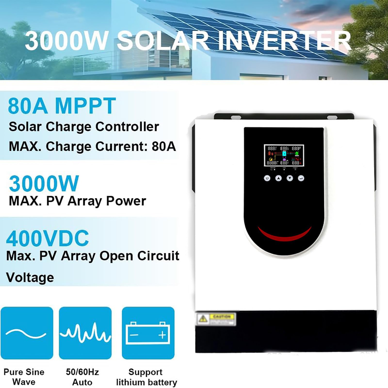Inversor de Cargador híbrido Solar Integrado de 3000 W, inversor de Potencia de Onda sinusoidal Pura y Cargador Solar Integrado de 80 AMPPT para Autocaravana