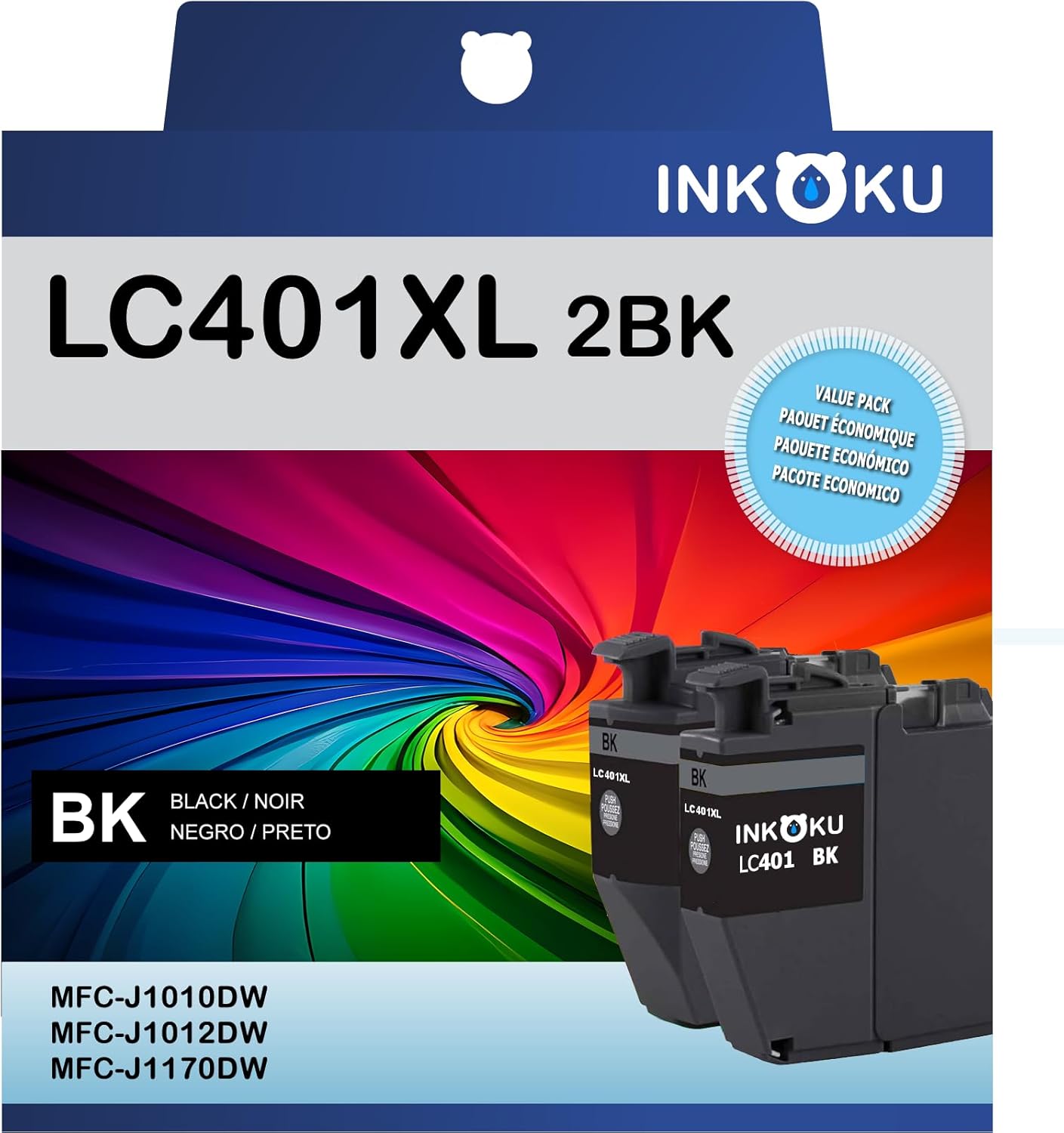 LC401XL Black Ink Cartridges, High Yield Compatible for Brother LC401 BK LC401XL Ink Cartridges, Works with MFC-J1010DW J1012DW J1170DW Printers, LC401 Black Ink for Brother Printer, 2 Pack