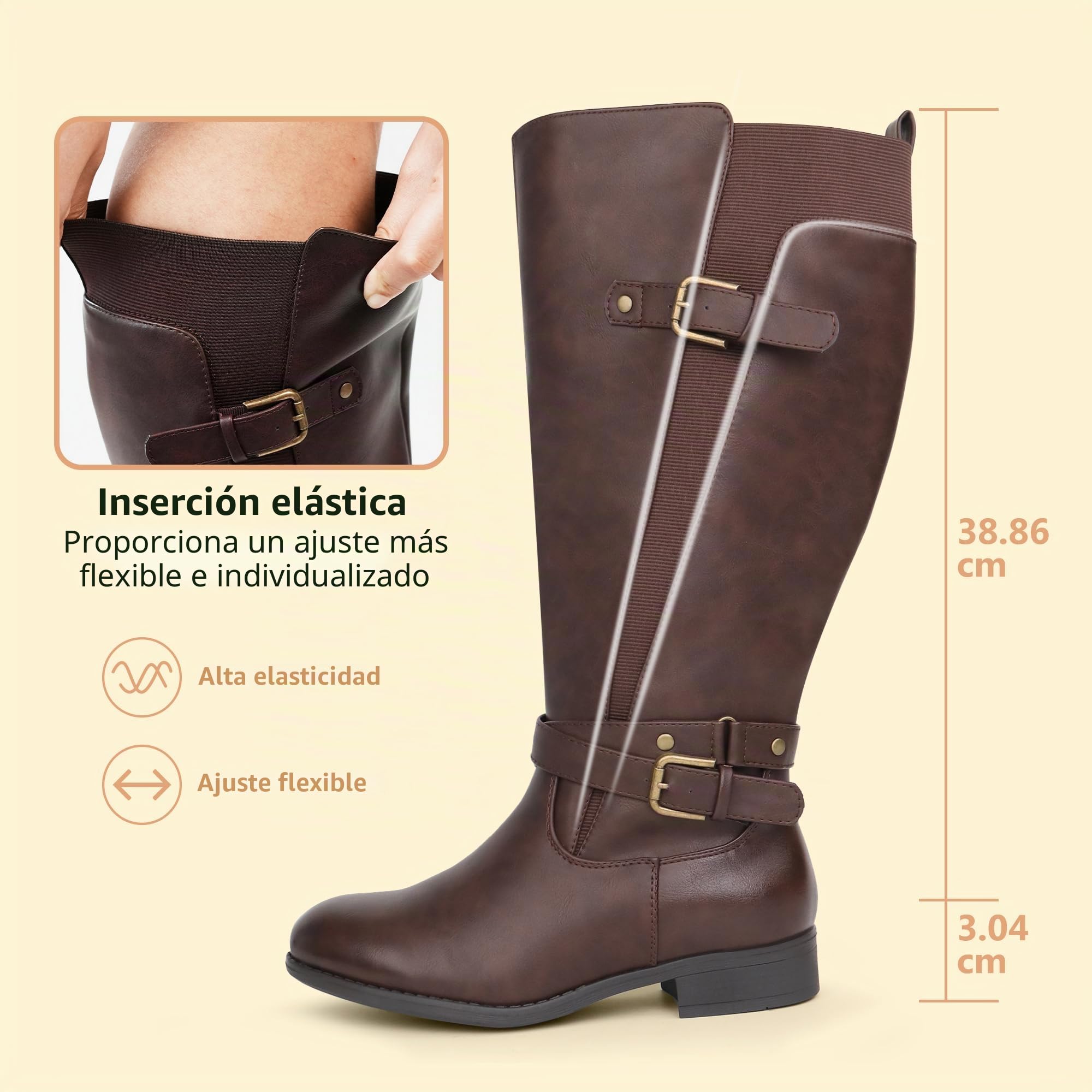 Botas de equitación para mujer, de caña ancha, tacón bajo, con correa al tobillo, diseño delgado
