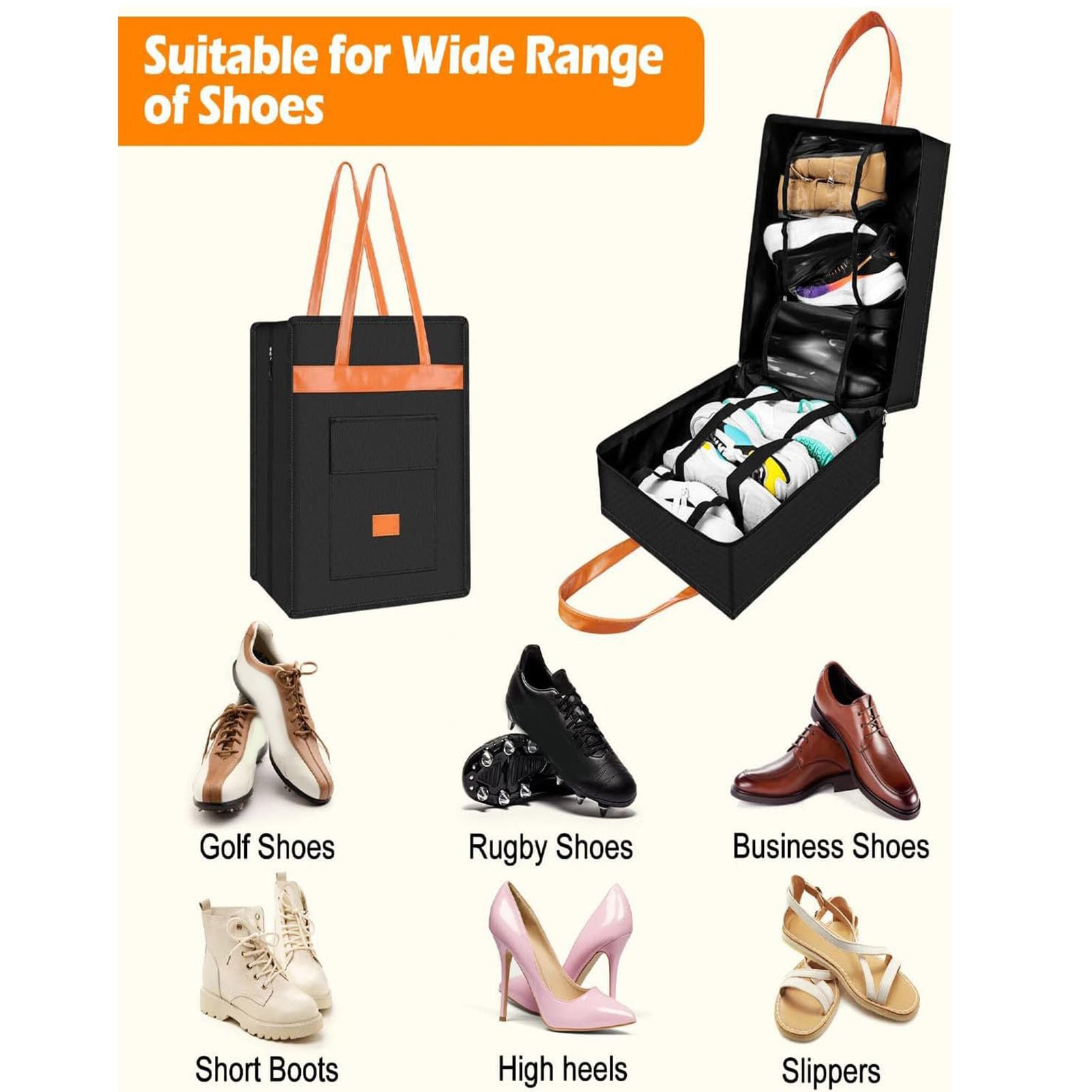 Luocute Borsa per Scarpe da Viaggio con Manico in Pelle Nera, può Contenere 6 Paia (BLACK)