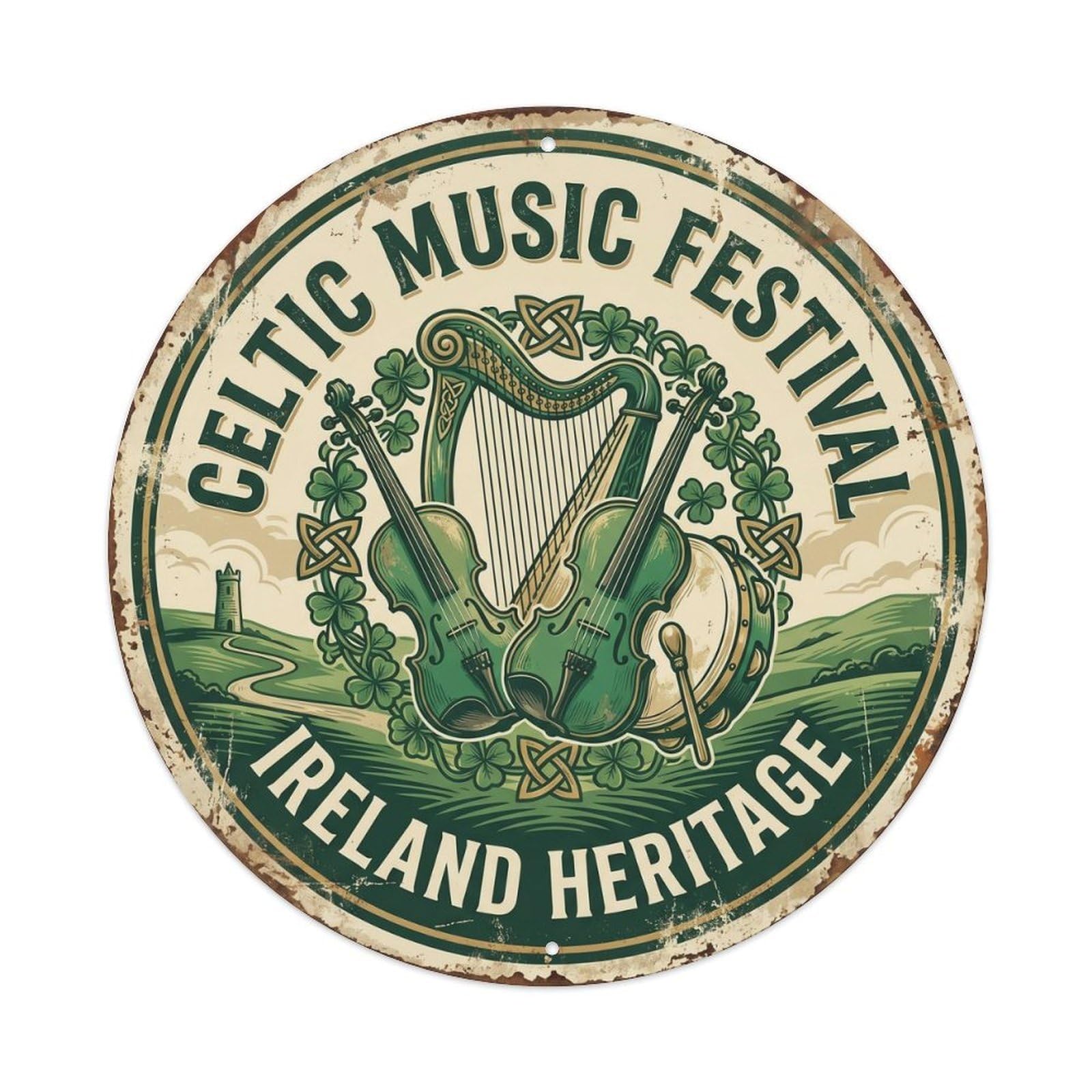 Vintage Travel Celtic Music Ireland Heritage Metal Tin Sign Plaque Wall Decor for Cafe, Club Bar, Office, Home Garden Round Metal Poster 8x8Inch
