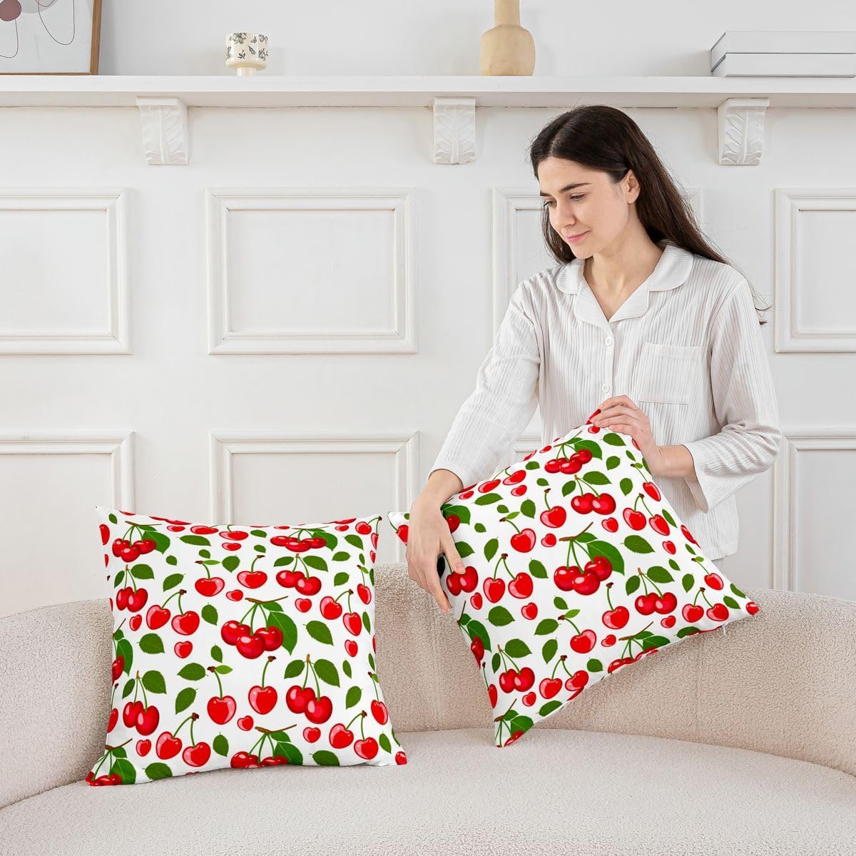 Feelyou Cherry Throw Pillow Covers for Couch Sofa Bed, Set of 4 Sweet Fruit Decorative Pillows Cushion Covers, Green Garden Red White Pillow Inserts Not Included, 18x18 inch