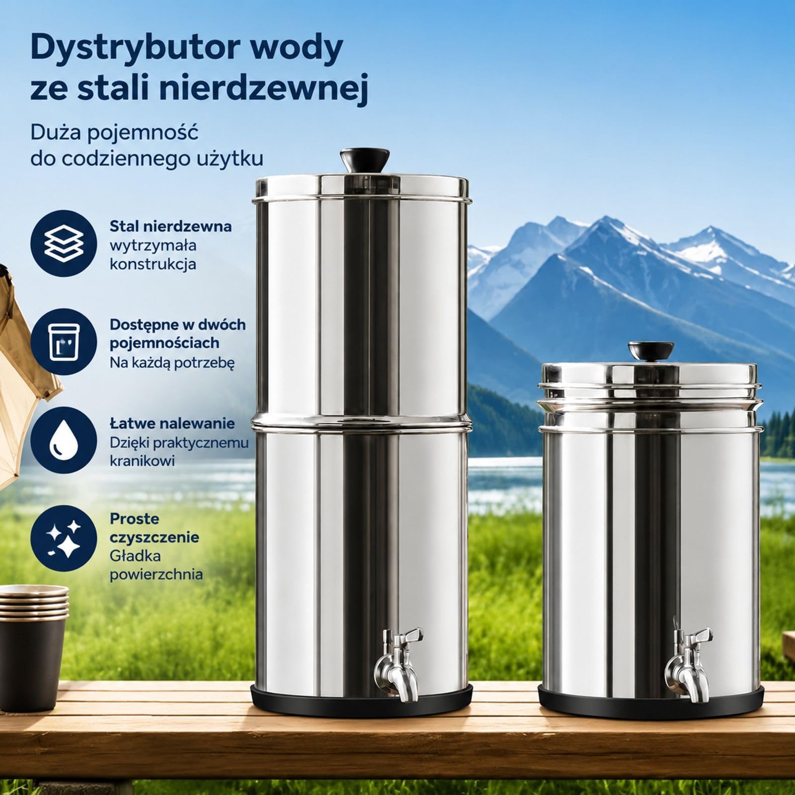 Grawitacyjny system filtracji wody, stal nierdzewna, model blatowy, górna komora 7 l, dolny zbiornik 8,5 l, 2 wkłady węglowe, kranik, kemping, kamper, dom