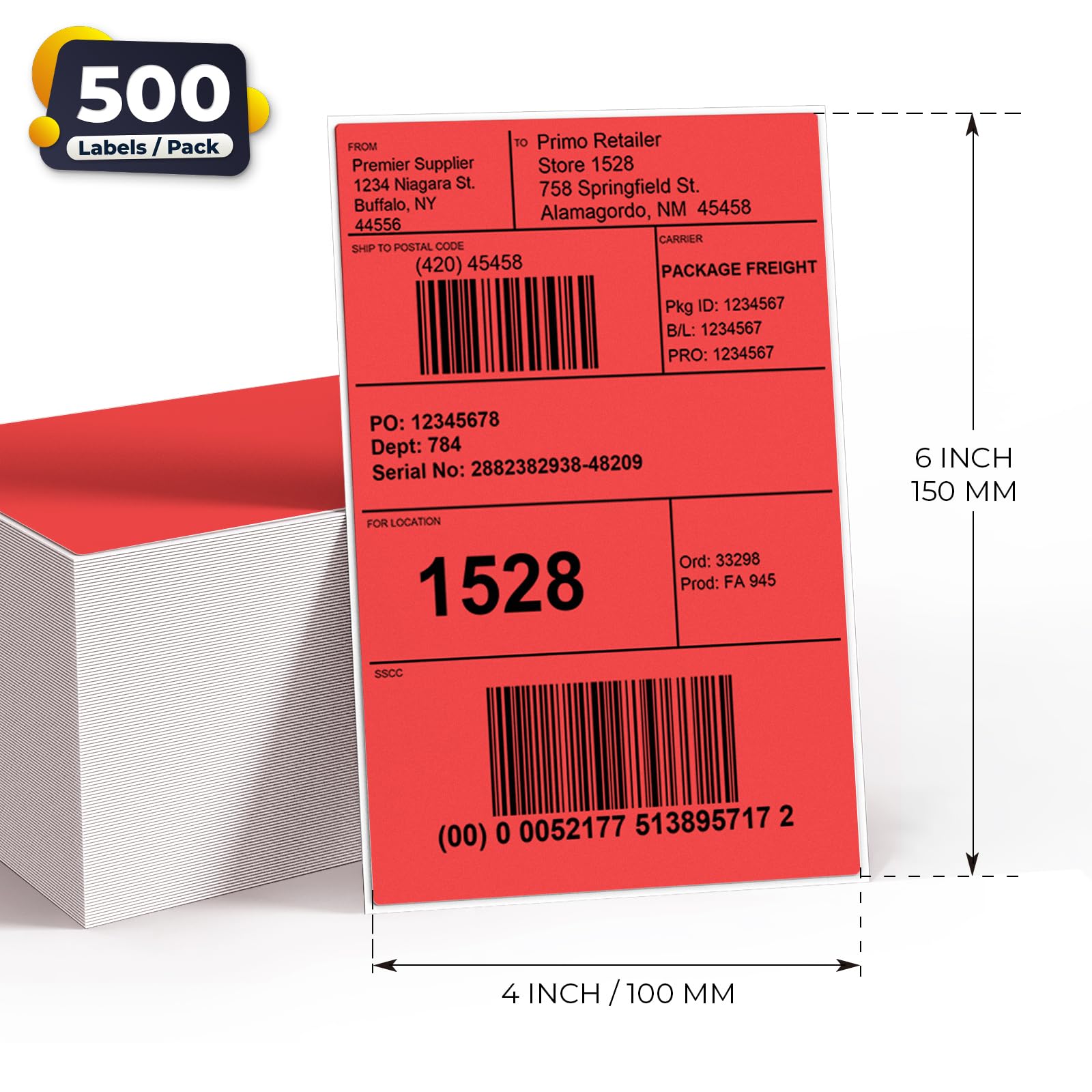 Lot de 500 étiquettes thermiques directes rouges en vinyle - 150 x 100 mm - Autocollants imperméables et perforés pour imprimante - Pour bureau, entrepôt, maison