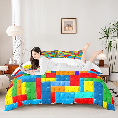 Miniatura 6 de Juego de funda de edredón de bloques de construcción de acuarela, tamaño Queen, juego de ropa de cama de ladrillos coloridos para niños, niñas y