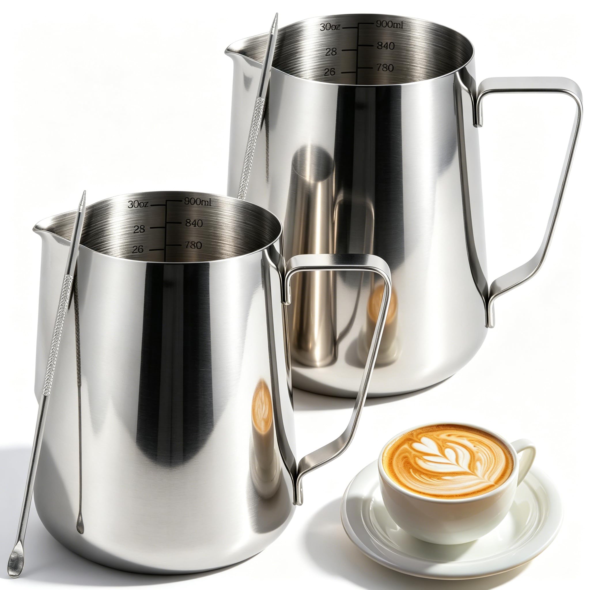 Paquete de 2 jarras de espuma de leche de 900 ml, jarras de vapor de acero inoxidable para leche/café/capuchino/latte art barista, jarra de leche con bolígrafo artístico (2)