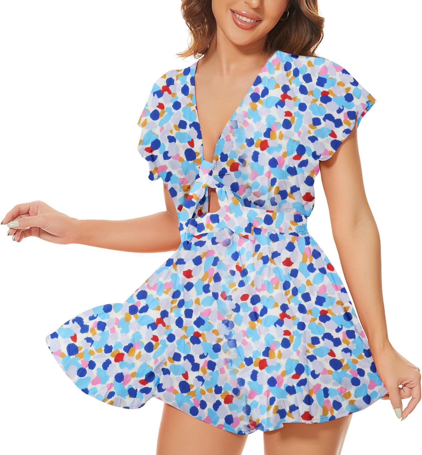 AGQT Women’s Sexy V Neck Self Tie Front Romper 2026 Summer Boho Short Jumpsuit Playsuit Outfit Mini Dress