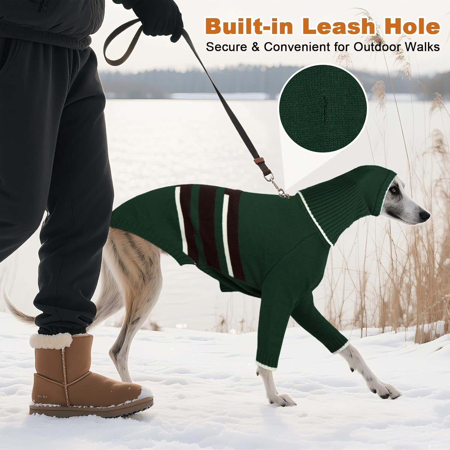 DENTRUN Greyhound Dog Sweater X-Large with Detachable Hood - Warm Winter Knit Hoodie for Long Neck Dogs, Turtleneck Cold Weather Clothes with Leash Hole for Irish Wolfhound, Scottish Deerhound