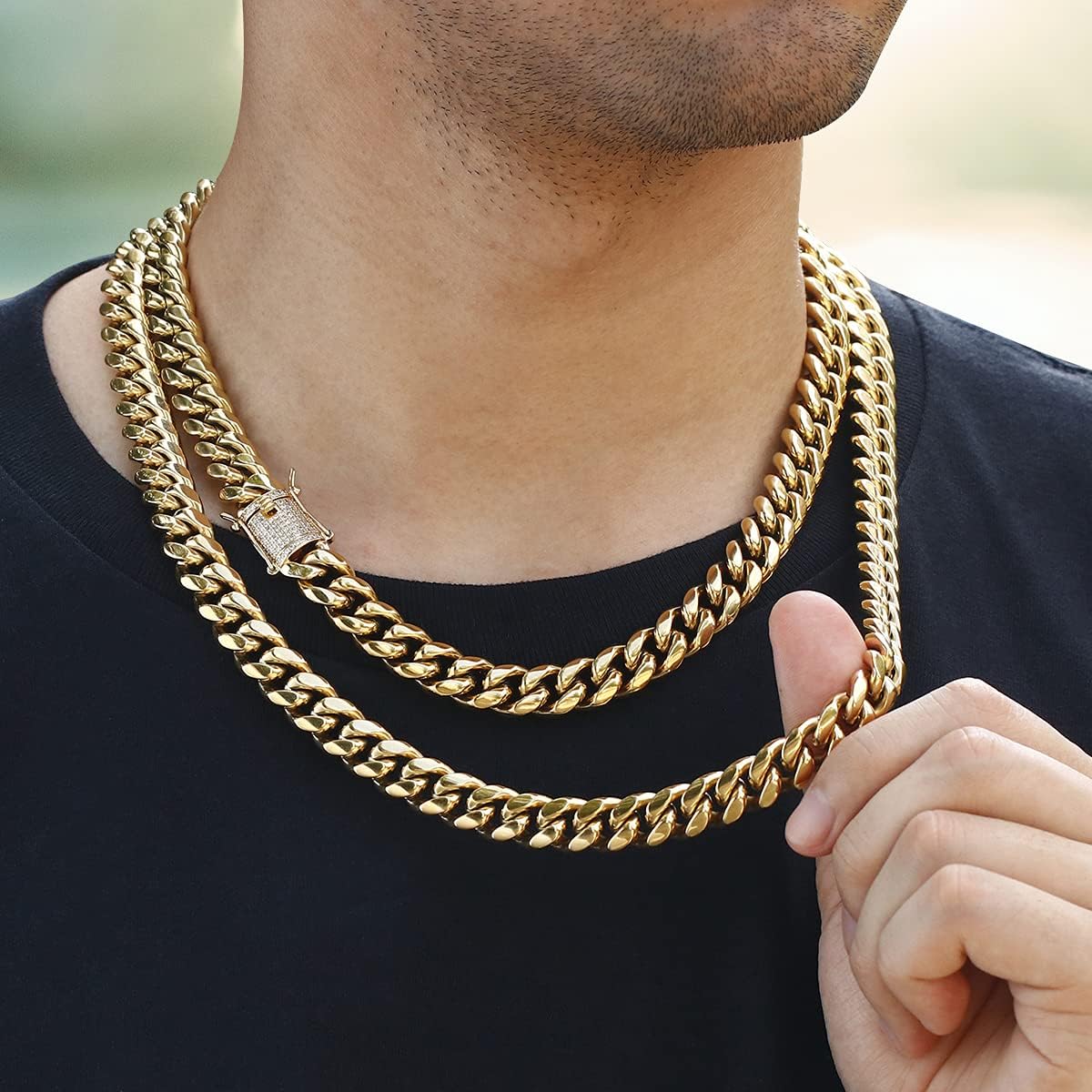 14k Gold Plated Mens Heavy Miami Cuban Link Chain Choker with Lab Diamond Clasp Stainless Steel Hip Hop Thick 8mm-16mm Necklace - Image 2