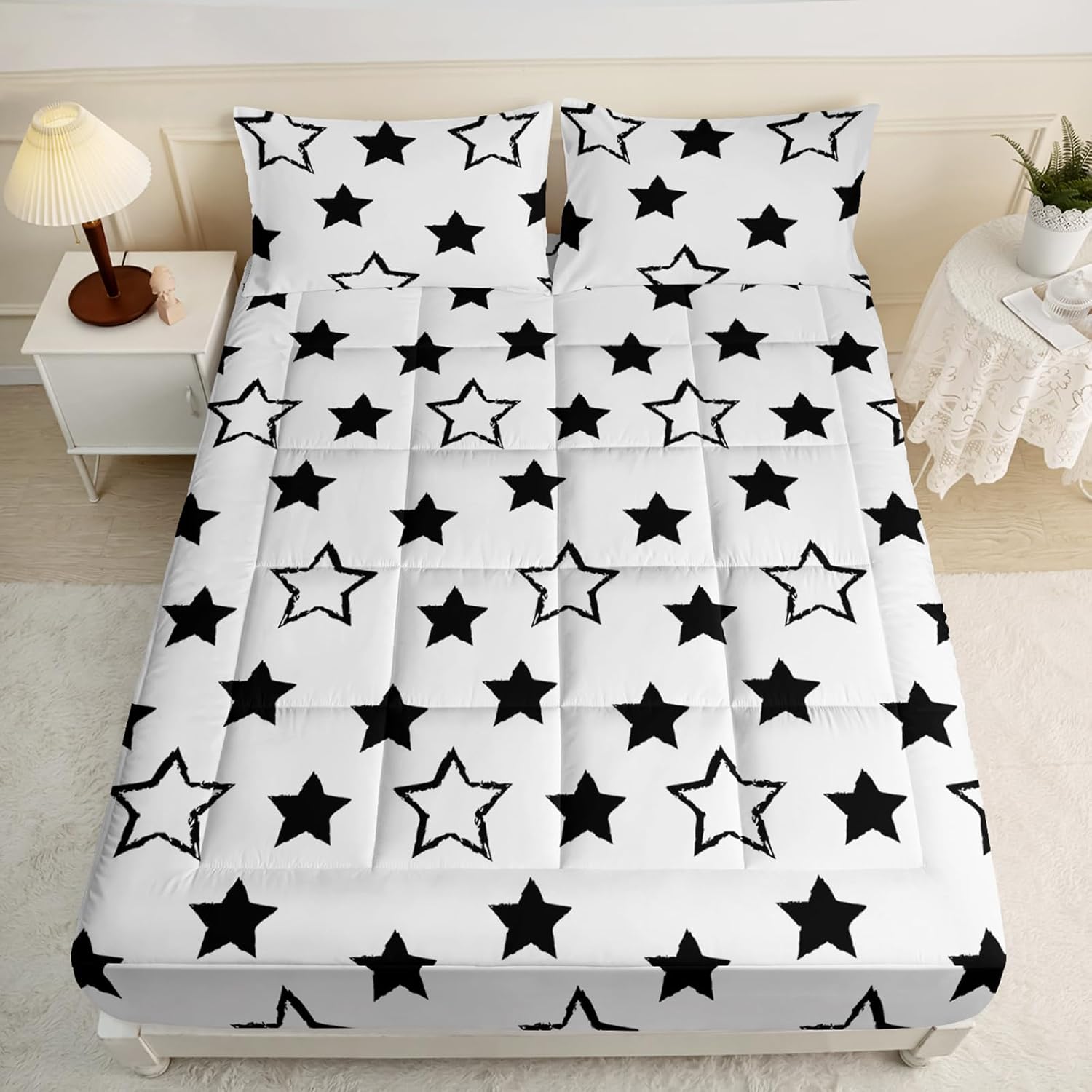 Axolotl Black and White Stars King Mattress Pad,Top Mattress Cover Quilted Fitted Mattress Protector 16" Deep Pocket Mattress Pad for Kids Girls Boys Teens,1 Mattress Pad 2 Pillowcasess,78X80 Inches