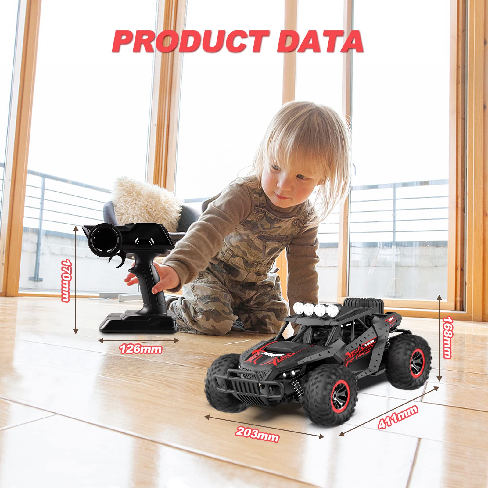 1: 16 Coche de Control Remoto, 20 km/h Camión de Coche Teledirigido de 2,4 GHz, Coche de Control Remoto Súper Genial con 2 Baterías Recargables, 70 Minutos de Juego，Perfecto Regalo para Niños