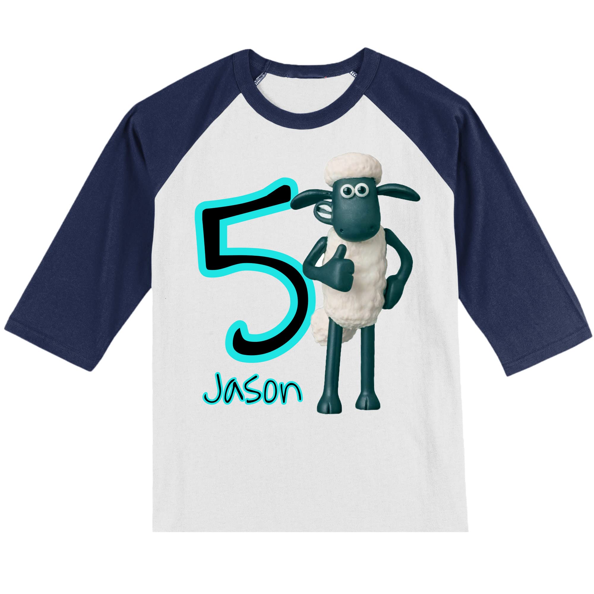 Personalized Funny Sheep Birthday Shirt | Shaun's Tshit | Handmade Decorated Shirt | Personalized with Name and Age | Unisex 3/4 Sleeve Raglan T-Shirt | #1192
