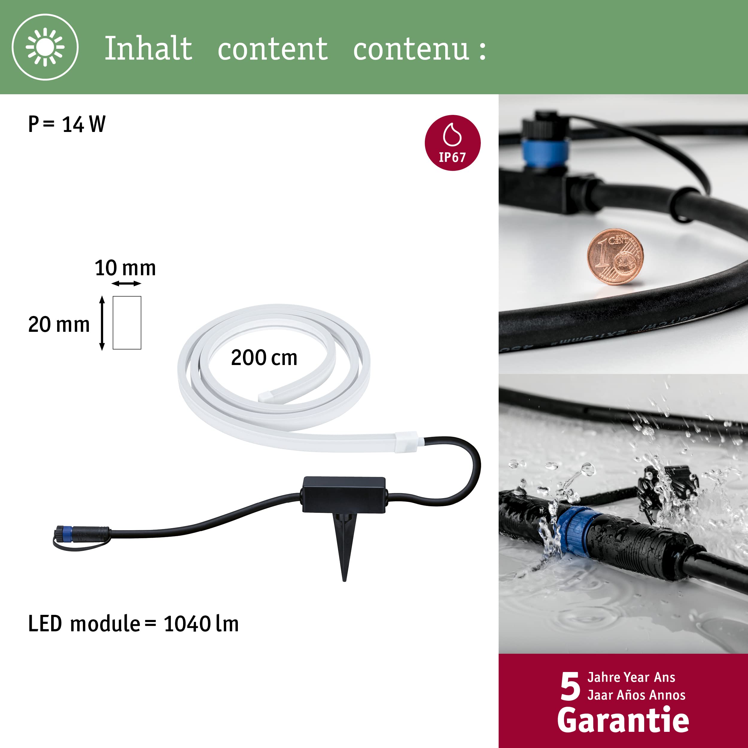 Paulmann 94560 Plug & Shine oprawa zewnętrzna LED Strip Smart Home Zigbee Smooth IP67 2m w zest. 1x11W ściem. sterow. barwą RGBW Biały tw. szt. 3000K
