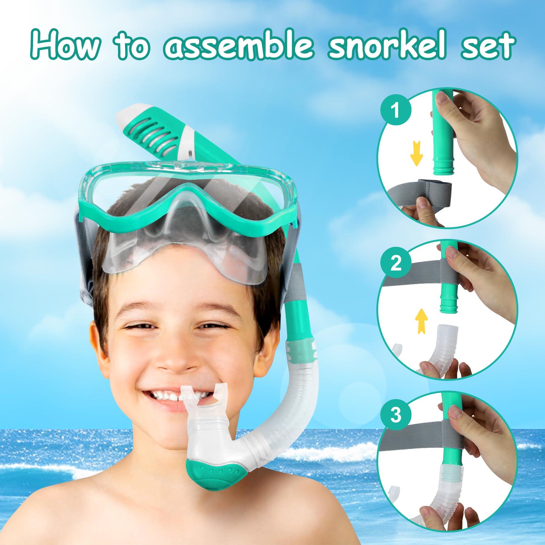 Vvinca Snorkeling Gear for Kids Dry Top Kids Snorkel Set for Boys Girls Junior Youth Children Age 4-14 Swim Goggles with Nose Cover Anti-Fog Panoramic View Adjustable Elastic Diving Mask and Snorkel