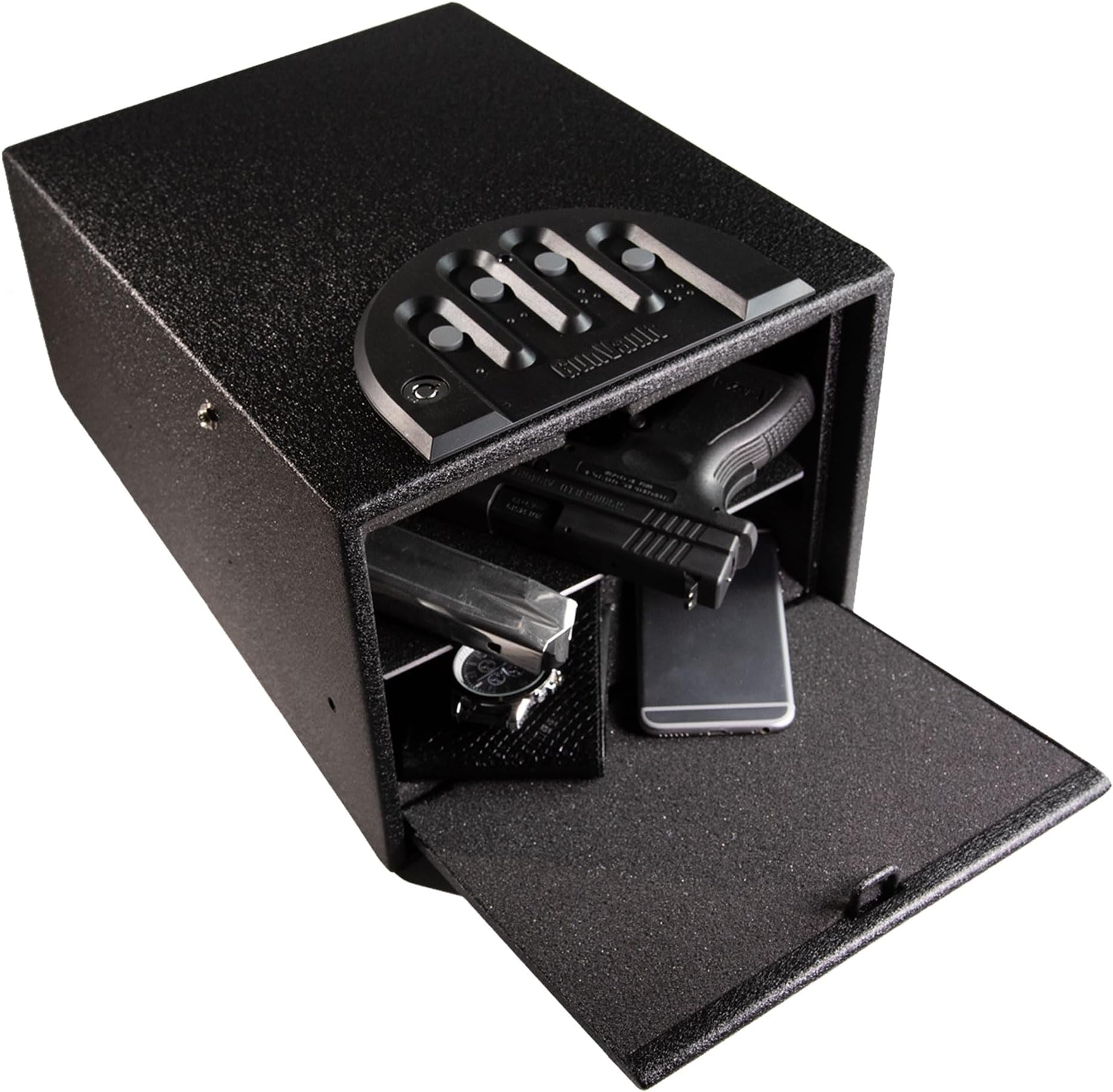 - GunVault MultiVault Deluxe 2-Gun Quick Access Pistol Safe with No-Eyes Keypad, Motion Alarm & Interior Light – Secure Handgun Safe & Portable Lockbox