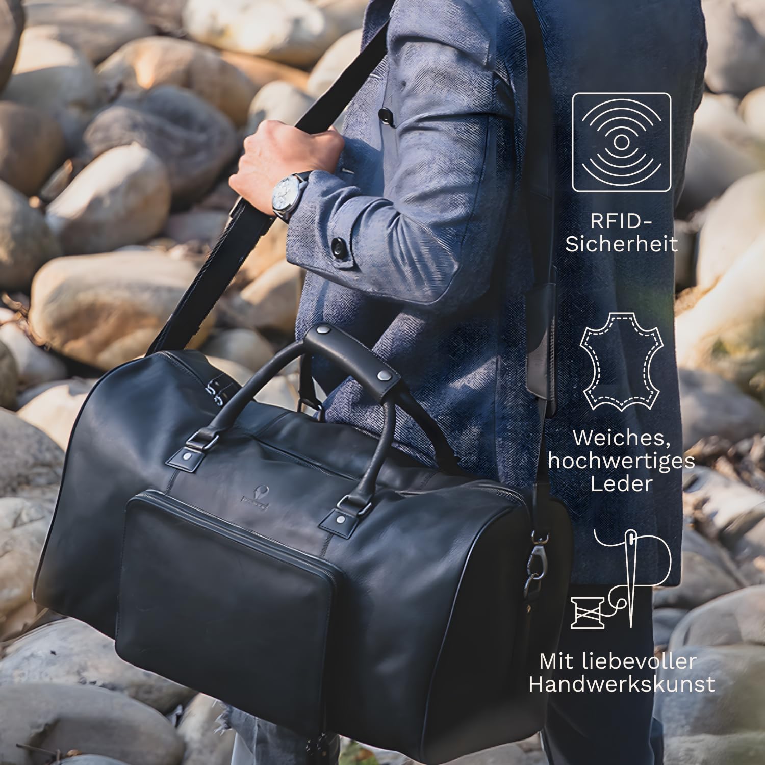 DONBOLSO® Weekender Neapel - Hochwertige Reisetasche Herren groß - Leder Reisetasche Schwarz - Größe L mit 40 Litern, Handgepäck Ledertasche - Klassischer Donbolso Vintage Schwarz