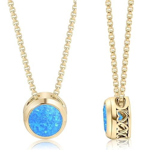 Blue Opal Pendant Necklace for Women in 14k Yellow Gold Plated on 925 Sterling Silver - October Birthstone 6mm Round Cut Gemstone - Vintage Handmade