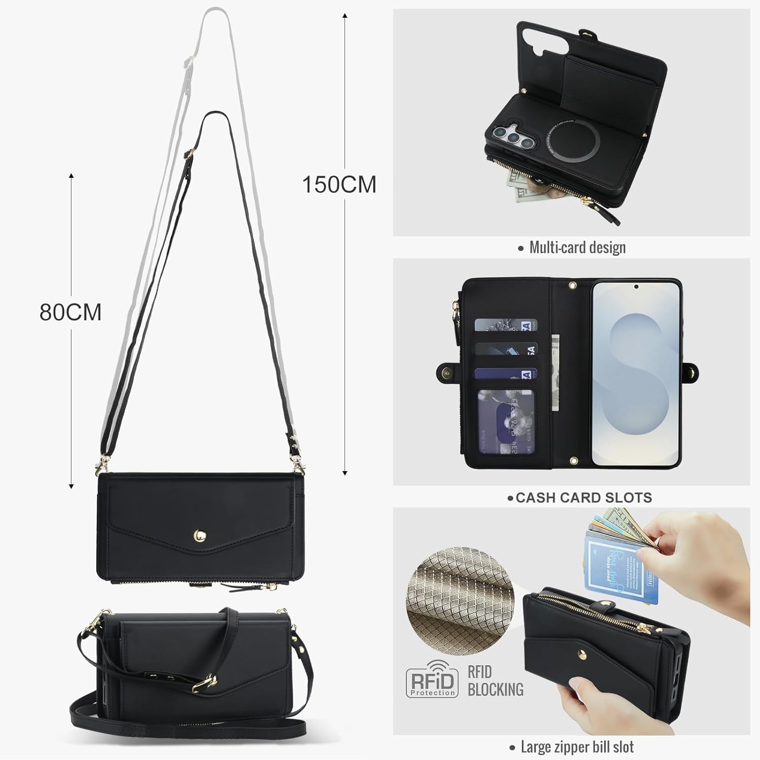 Asuwish Phone Case for Samsung Galaxy S25 5G Wallet Cover Compatible with Magsafe RFID Screen Protector Crossbody Lanyard Strap Flip Card Holder Slot Zipper Cell Purse S 25 25S 25 25S SM-S931U Black