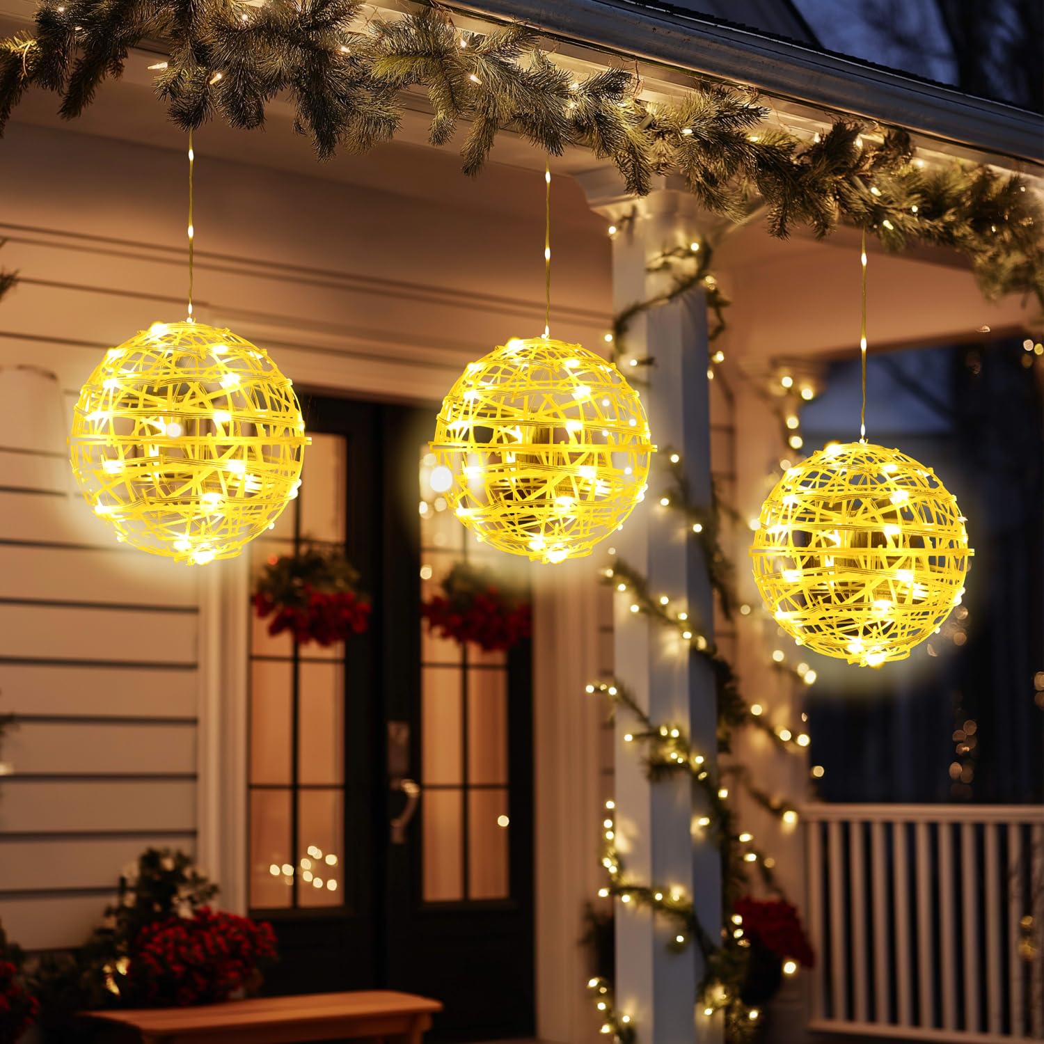 da LIGHT - Set di 4 ghirlande di luci a LED per esterni con sfere Ø20 cm, 184 LED, 8 modalità con timer, bianco caldo 2500 K, IP44 impermeabile, illuminazione natalizia a sospensione per giardino e