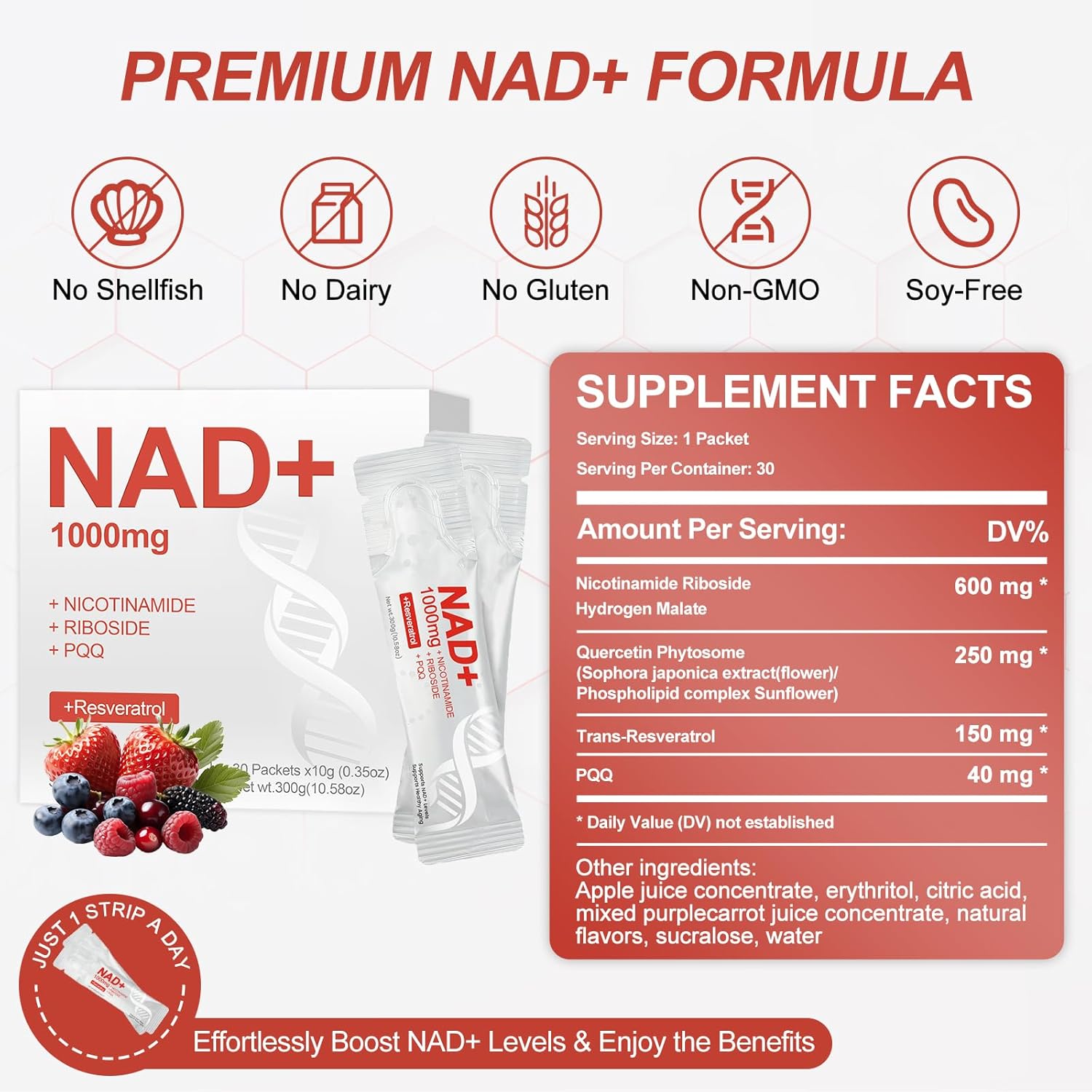 NAD+ Liquid Supplement 1000mg, Premium Nicotinamide Riboside & Resveratrol with PQQ, Advanced NAD Supplement for Men & Women, Natural NAD+ Stick for Anti-Aging, Energy, Focus, Berry Flavor– 30 Packs - Image 2