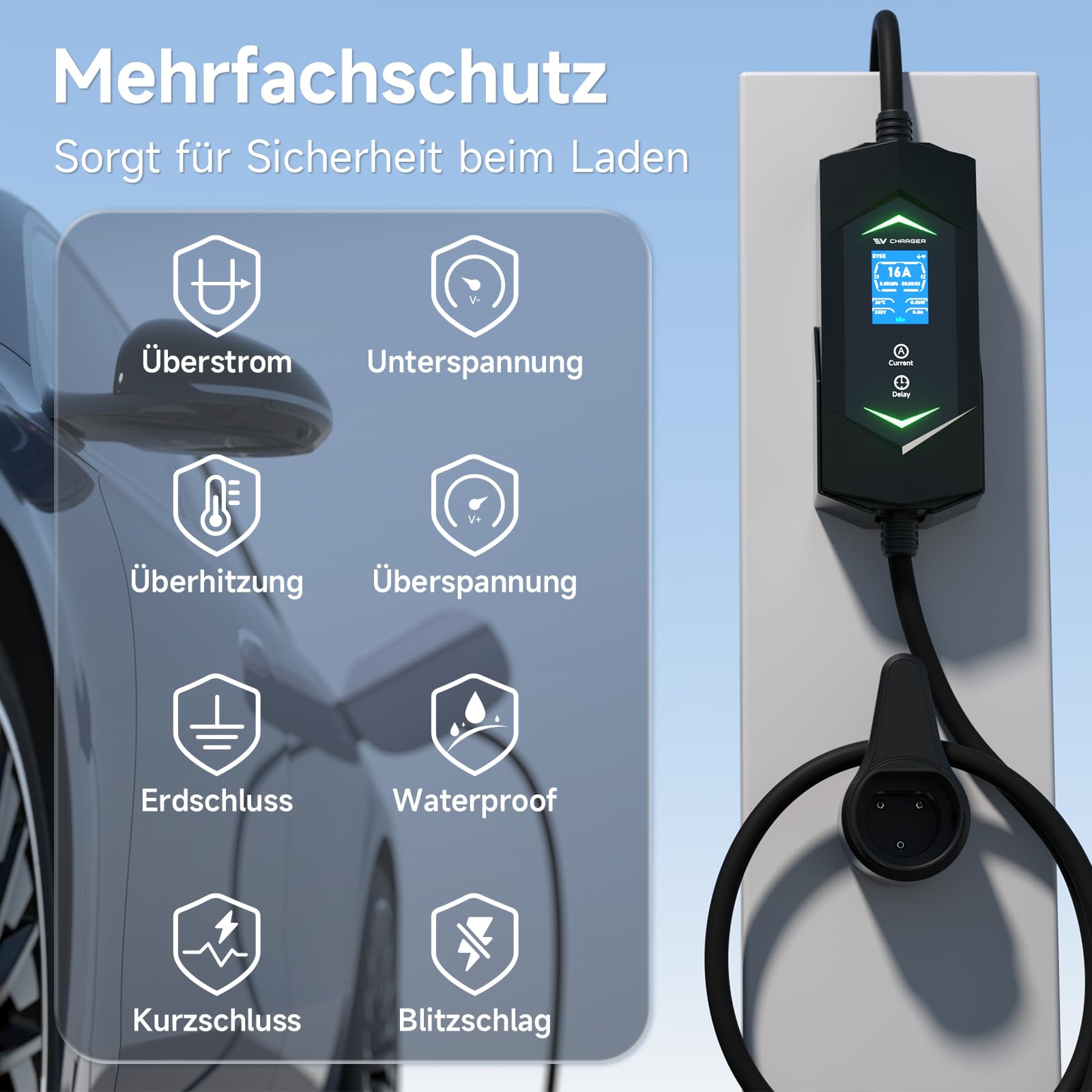 Cavo di Ricarica Tipo 2 Schuko 3,68kW 5m, 6-16A 1-Fase Tipo 2 Cavo di Ricarica, Caricabatterie EV Portatile con Display Digitale, Regolazione della Potenza & Timer (0-15h) per tutti i PHEV & EV