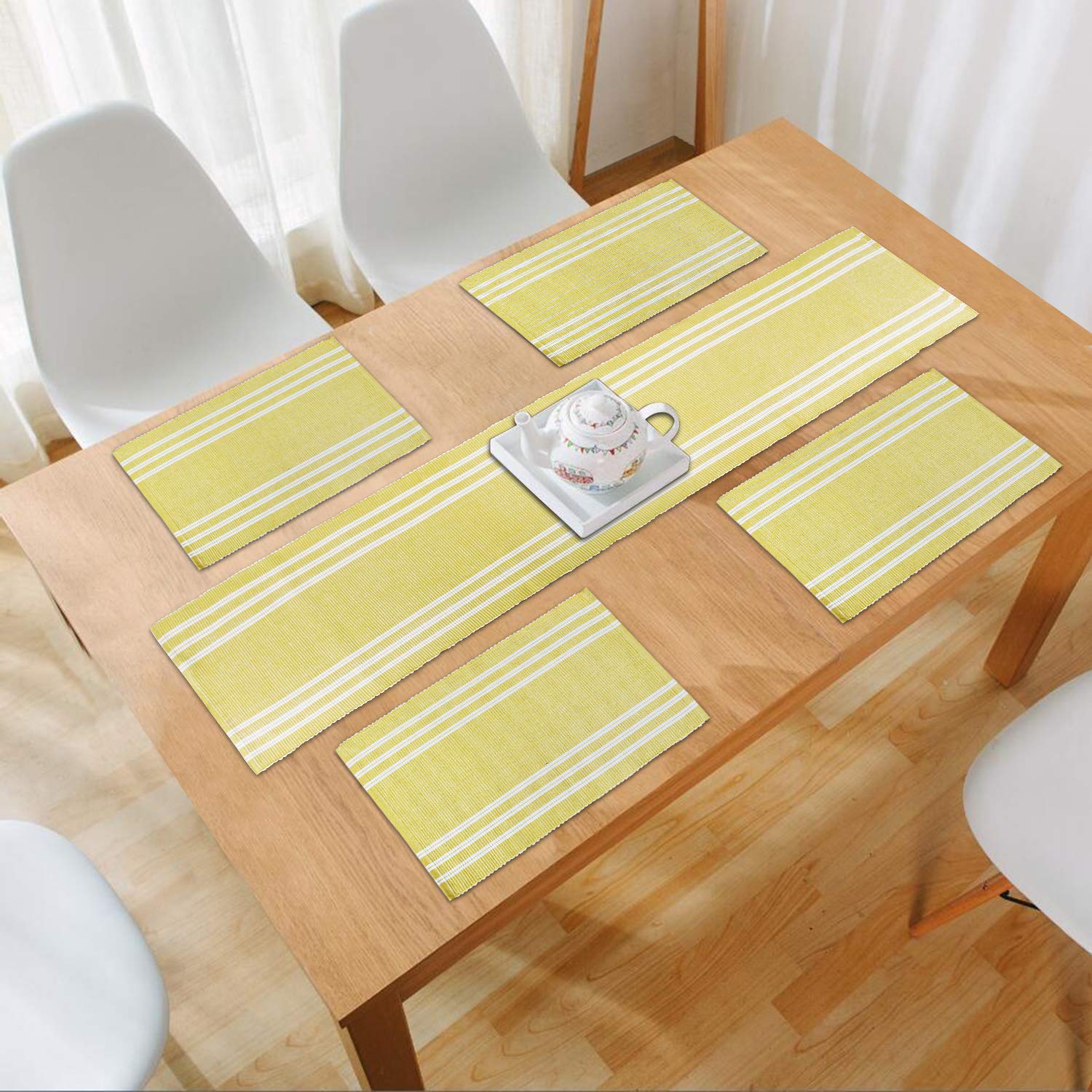 HOKIPO Blue Ribbed Placemats & Table Runner -23