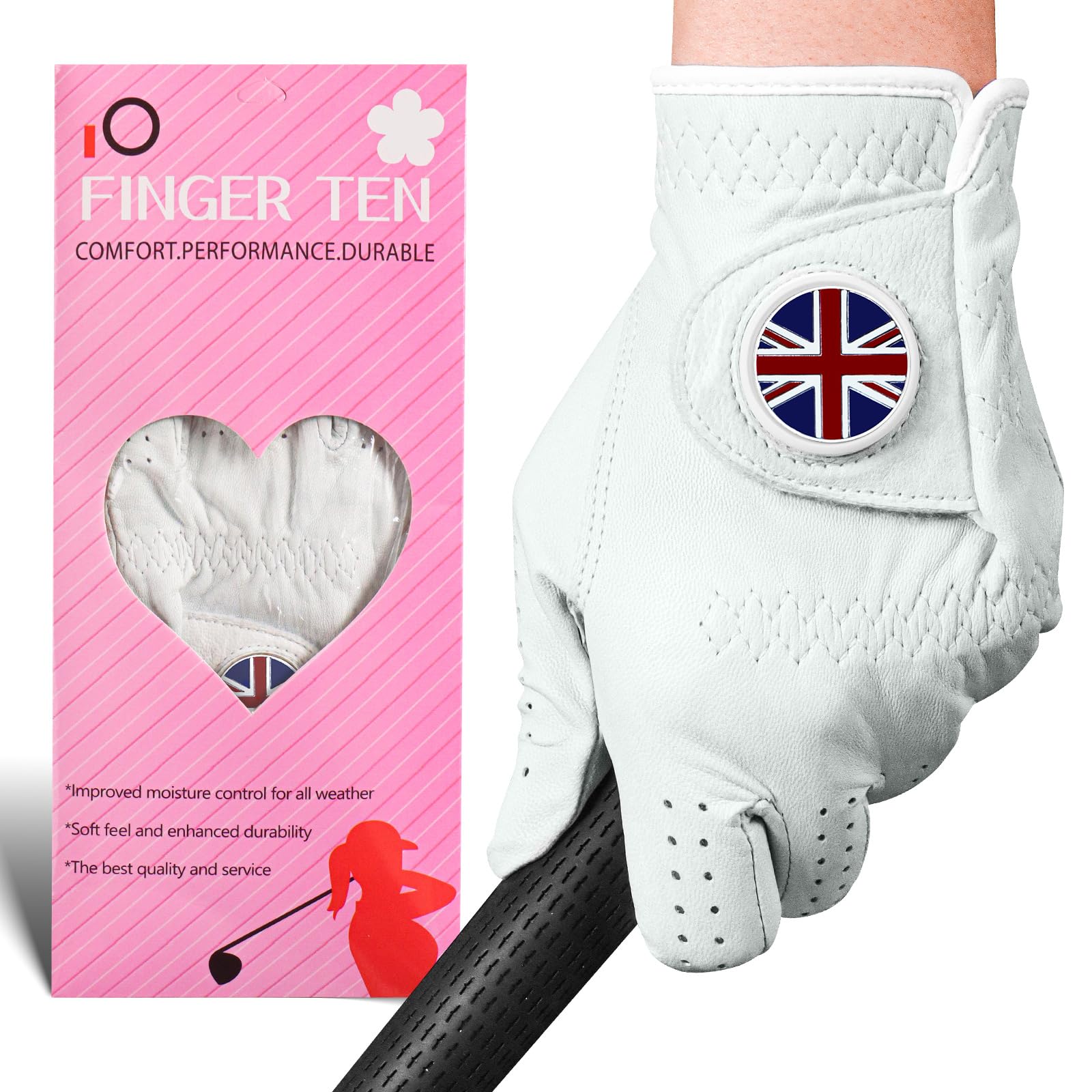 FINGER TEN Women’s Golf Gloves All Cabretta Leather With Ball Marker 1 Pack, Premium Soft & Flexibility Ladies for Left Right Hand, Available in White – Sizes S to XL (UK Flag, XL, Left)
