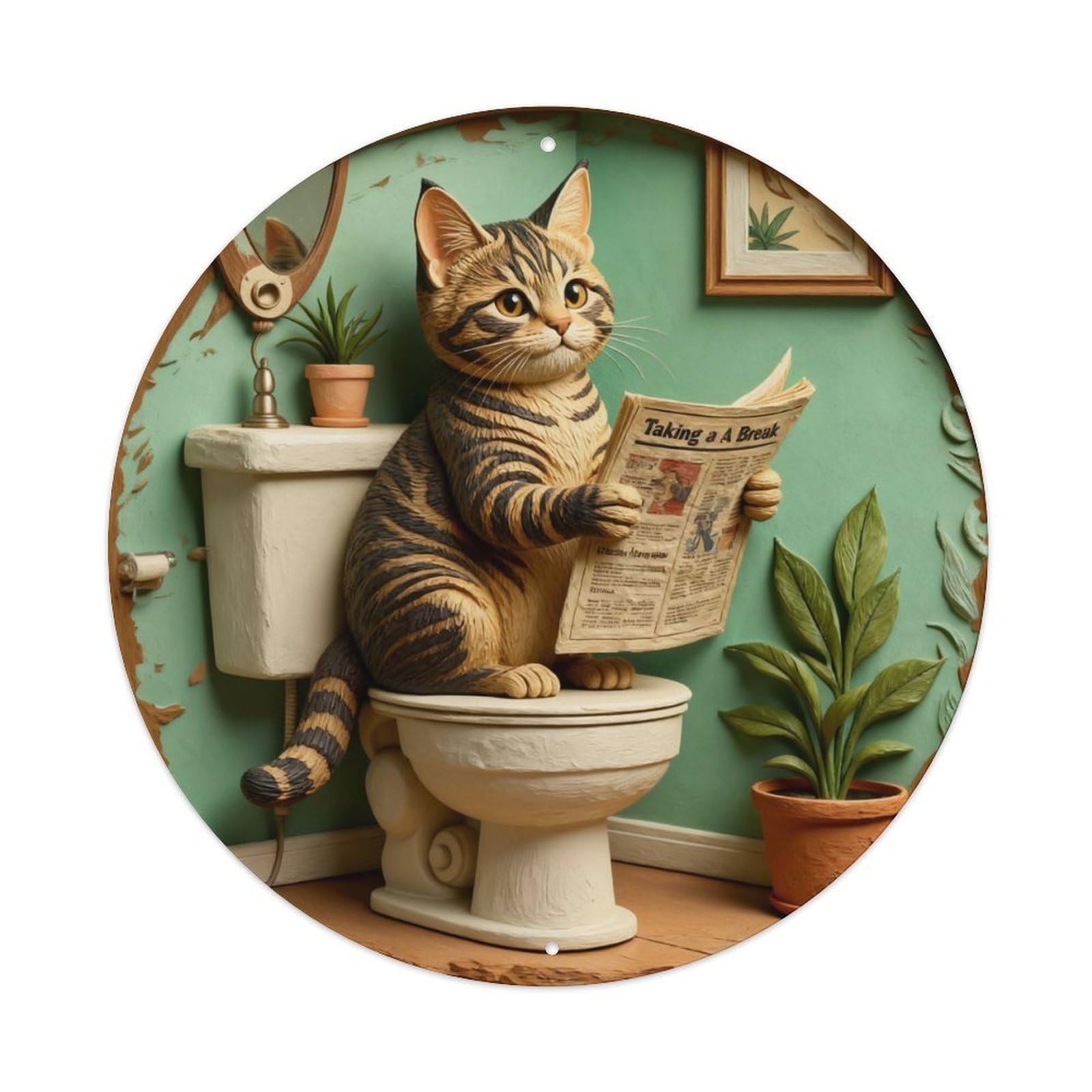 Cat Reading Newspaper On Toilet Round Metal Tin Sign Vintage Wall Decor, Bar Garage Cafe Kitchen Home Wall Art Poster 8x8inches