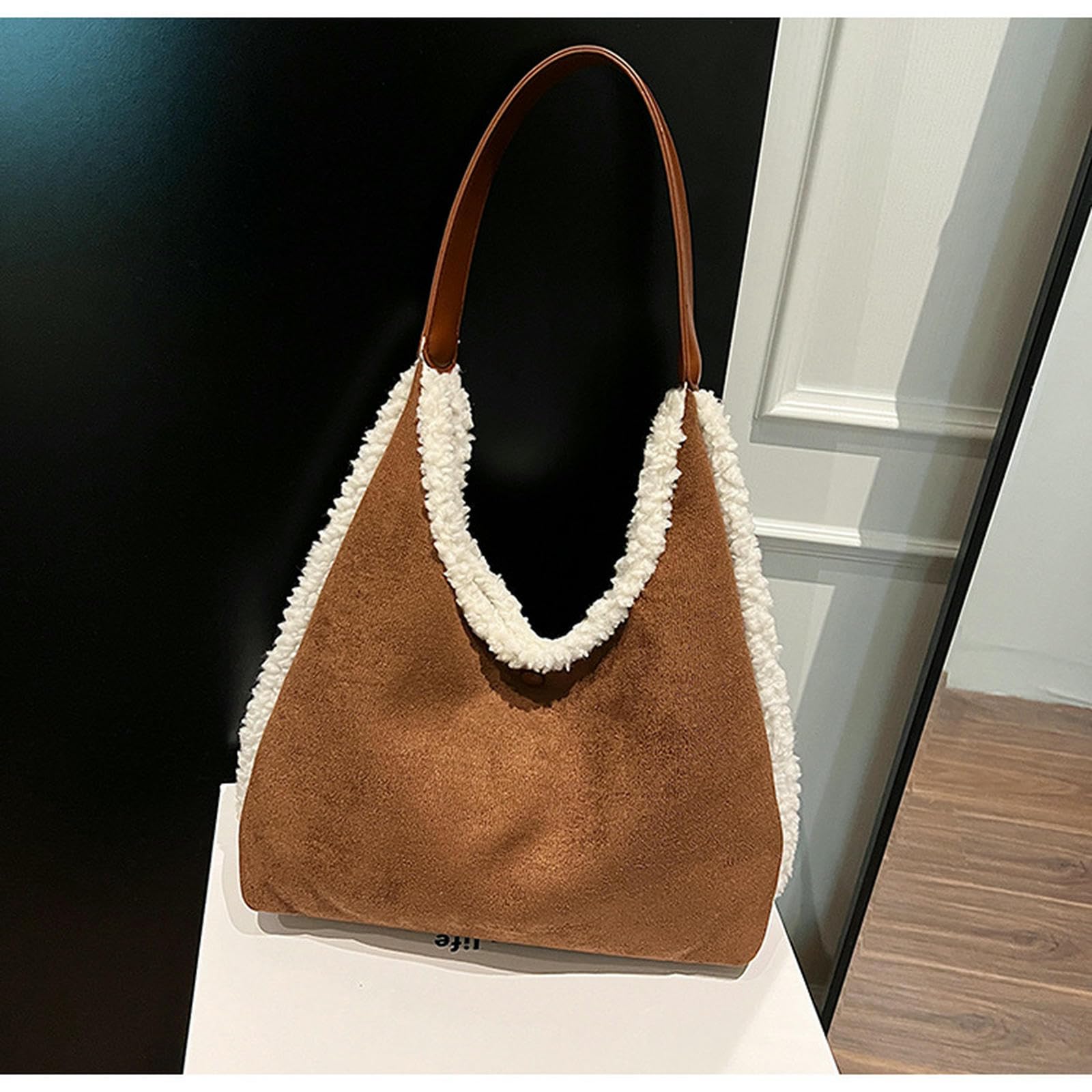 Frizione Donna Borsa A Mano in Pelle Scamosciata Tracolla da con Hobo Elegante Morbida Peluche Vintage Lana d'Agnello-Marrone Chiaro