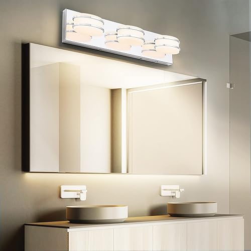 Miniatura 8 de Lámparas de baño regulables de 3 colores con temperatura sobre el espejo, luces LED cromadas de 3 luces, lámparas de tocador ovaladas de acero