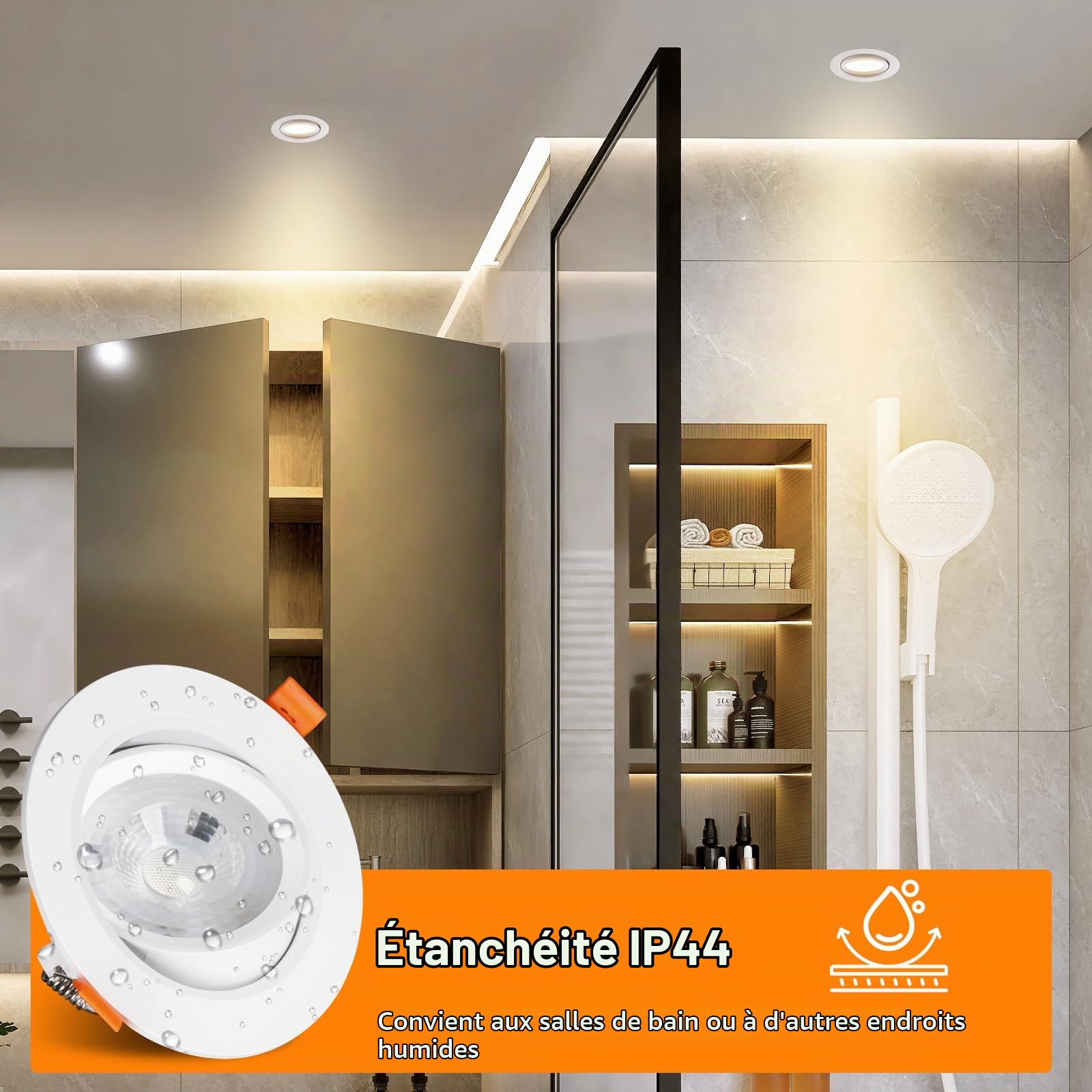 Spot LED Encastrable Orientable, 10W Trou Φ 90-100mm 3000K Warm White 400LM spots de Plafond, 30-60° Extra Plat Spot Salle de Bain IP44, Non Dimmable, Lot de 6