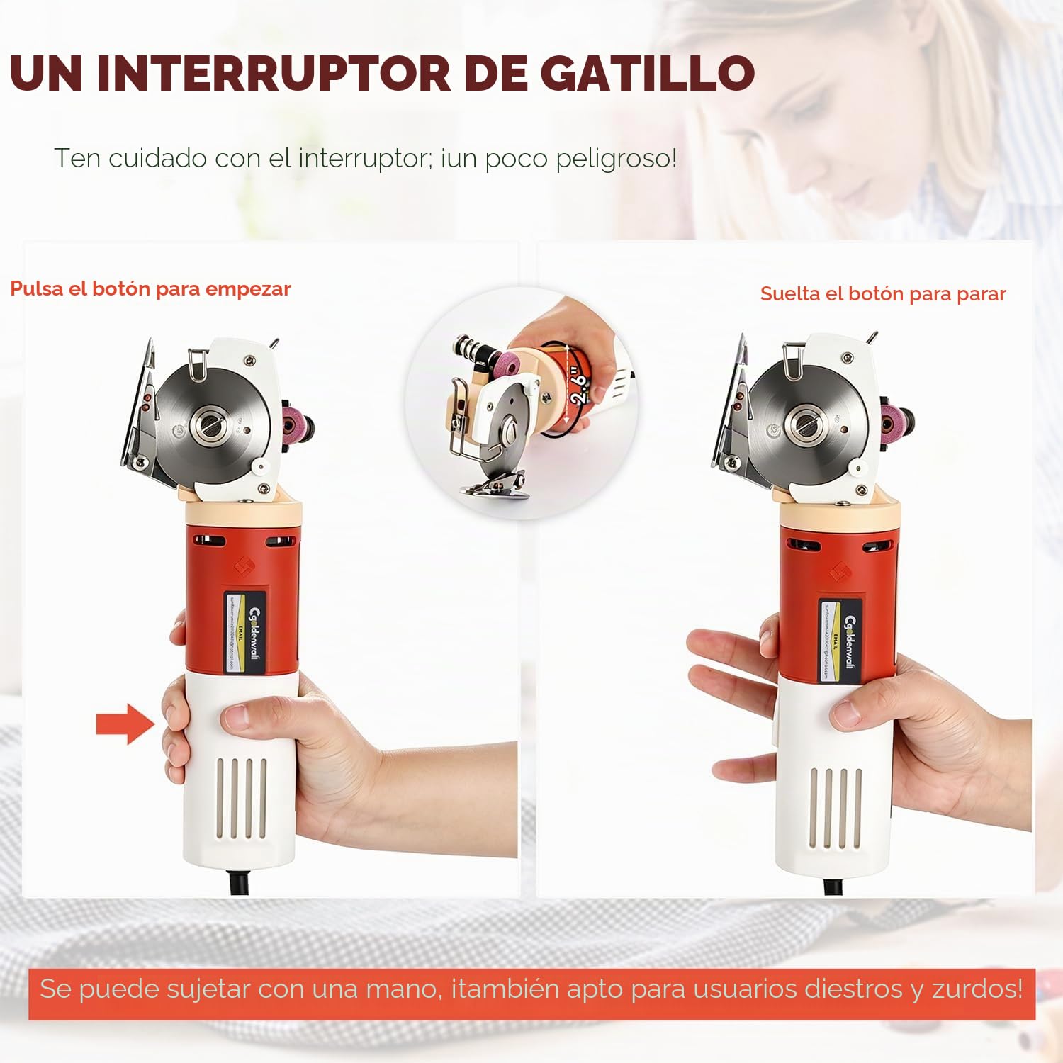 CGOLDENWALL YJ-65 Cortador de Tela Eléctrico con 22mm de Espesor Máx. de Corte, Tamaño de la Cuchilla 65mm, con Función de Afilado Automático, Ideal para Cortar Textil/Cuero/Alfombra