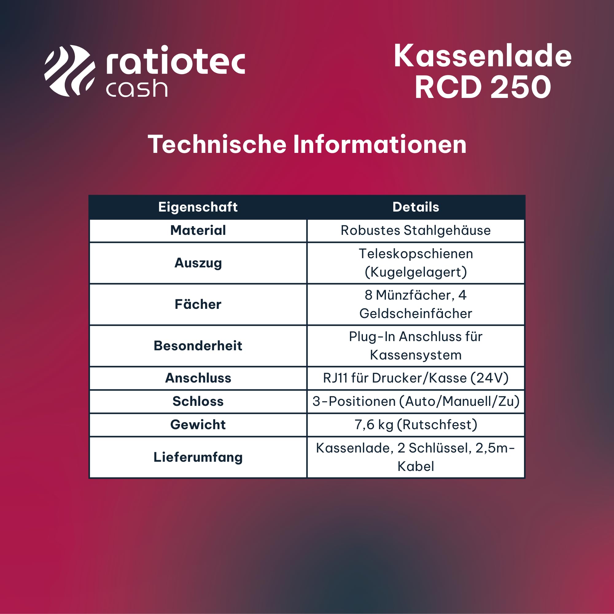 Ratiotec Cash RCD 250 Tiroir-caisse électronique, 8 compartiments à pièces, 4 compartiments pour billets, rails télescopiques, caisse à monnaie verrouillable pour systèmes de caisse et imprimante de
