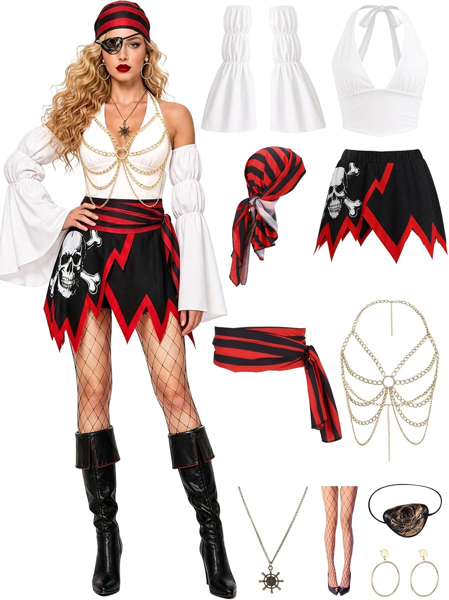 9 Pcs Women's Pirate Costume Pirate Wench Costume Halloween Outfit