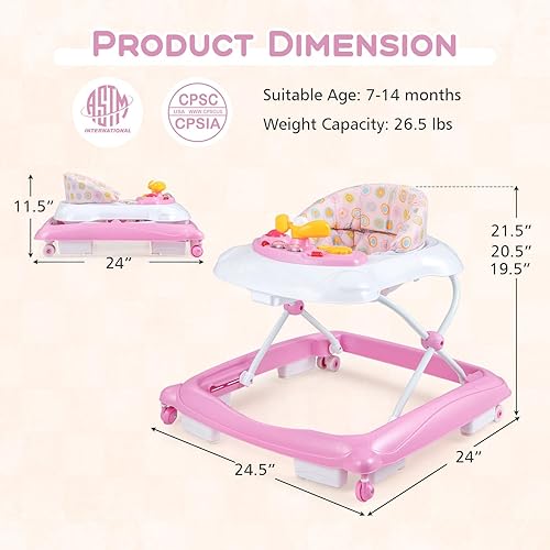 Miniatura 7 de BABY JOY Andador de bebé, 4 en 1 plegable para actividades con altura ajustable, música, luces, juguete extraíble, andador de empuje para niños y